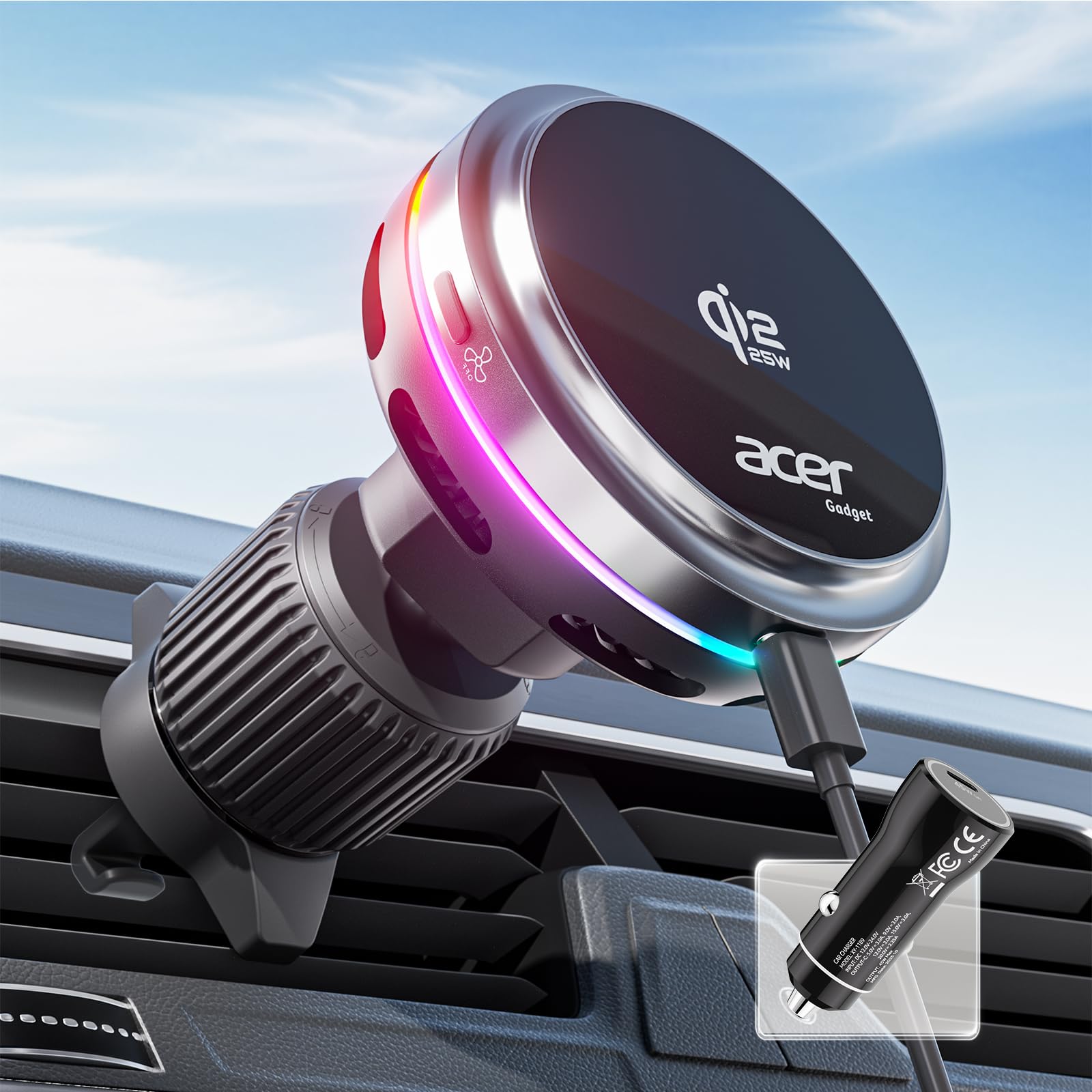 acer Qi2 2 25W Mag-Safe Car Mount Charger Wireless Car Charger with Cooling Fan Glass Panel Backlight Vent