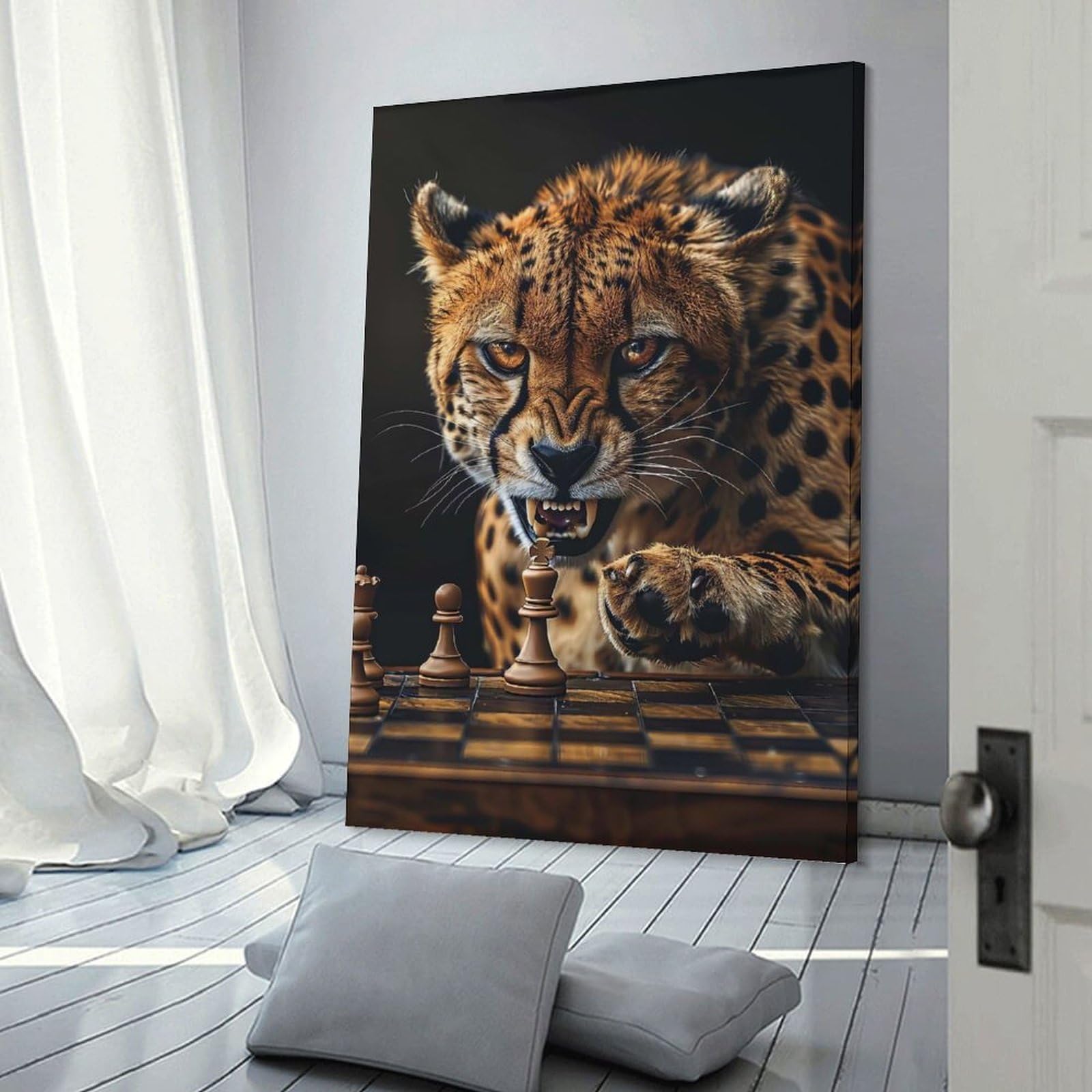 Junmoney Canvas Wall Art Cheetah Chess, 24x36inch(60x90cm), for Corridors, Hallways Or Apartment Entries, Decorative Canvas Styling for Entry Areas