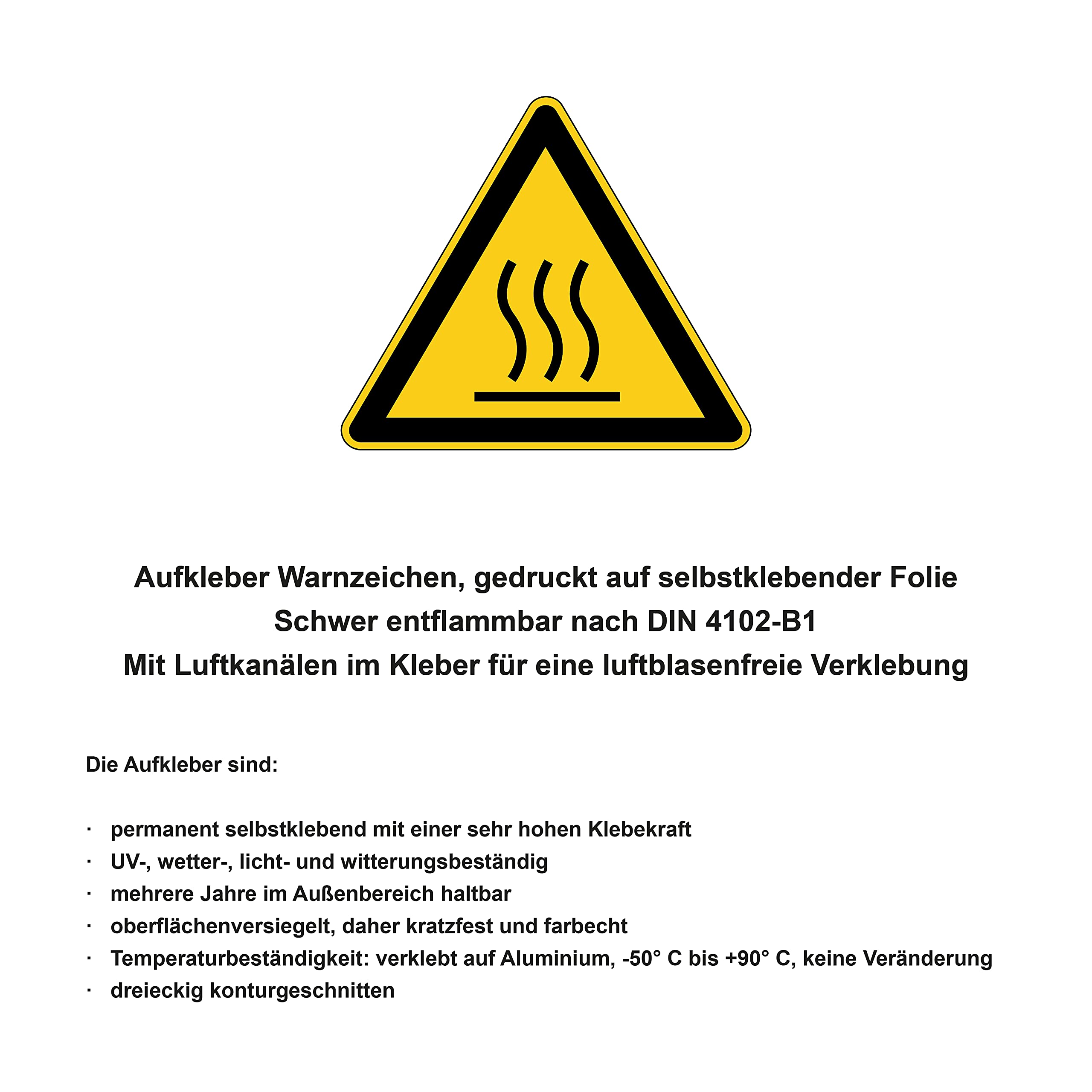 Vsafety Warnschild 'Caution Hot Surface' – 100x100mm, Selbstklebend, Schwarz/gelb, EN ISO 7010 Konform