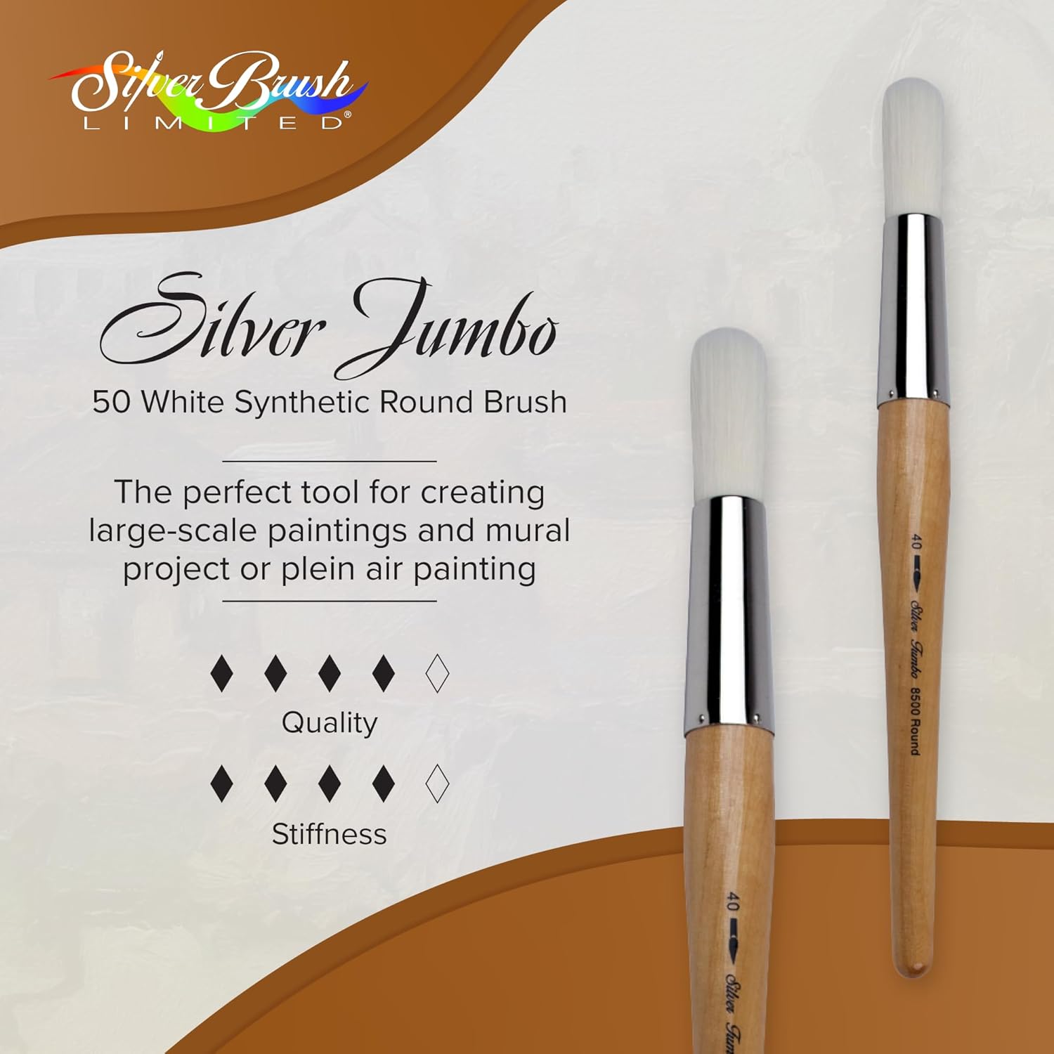 Silver Brush Limited 8500-50 Silver Jumbo White Synthetic Round Paintbrush for Oil, Acrylic, Heavy Body Paints, Gesso & Grounds, Varnish & Top Coat, Size 50, Mid Length Handle