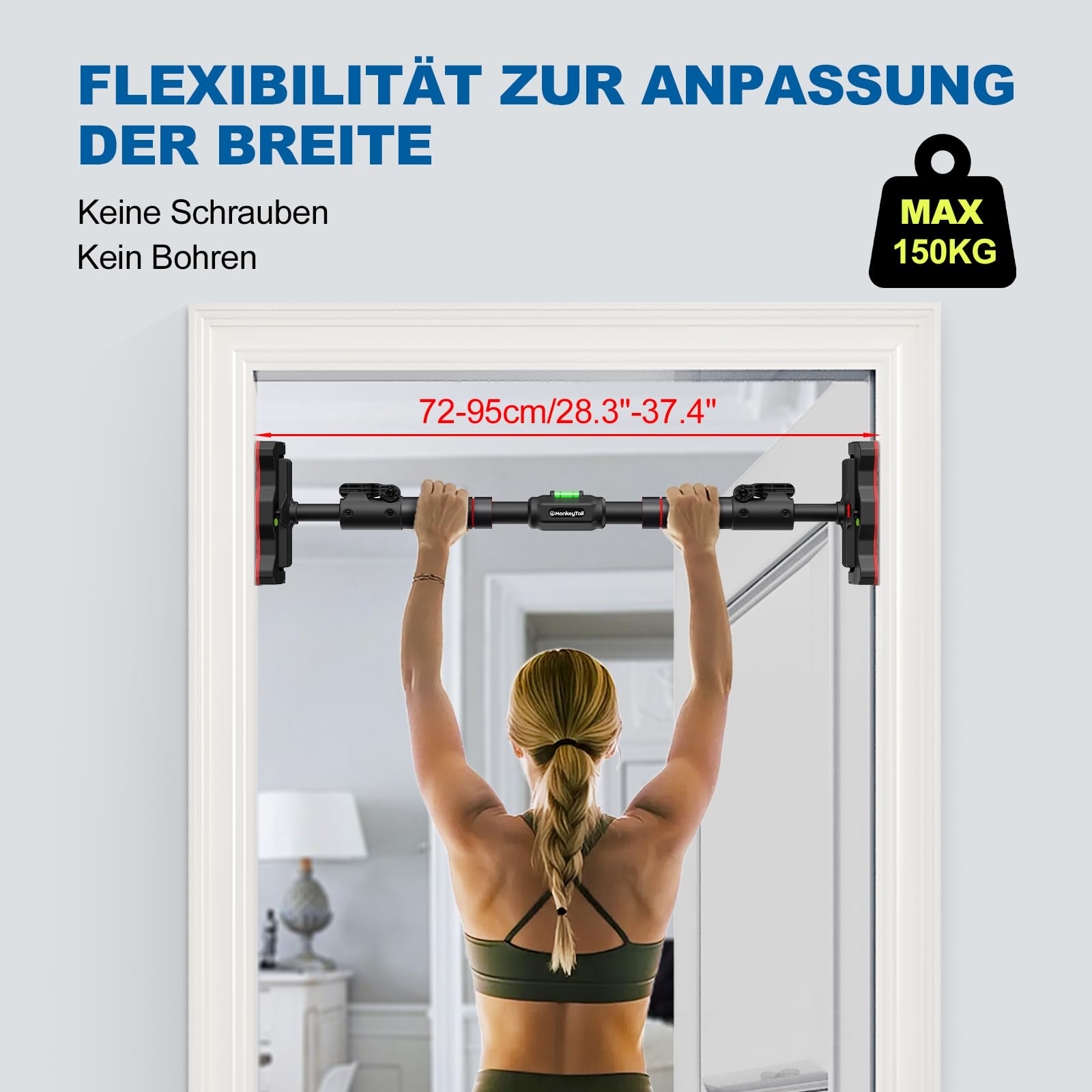 Barre De Traction MonkeyTail Pour Cadre De Porte 72-95cm - Sans Perçage, Charge 150kg, Niveau à Bulle Intégré