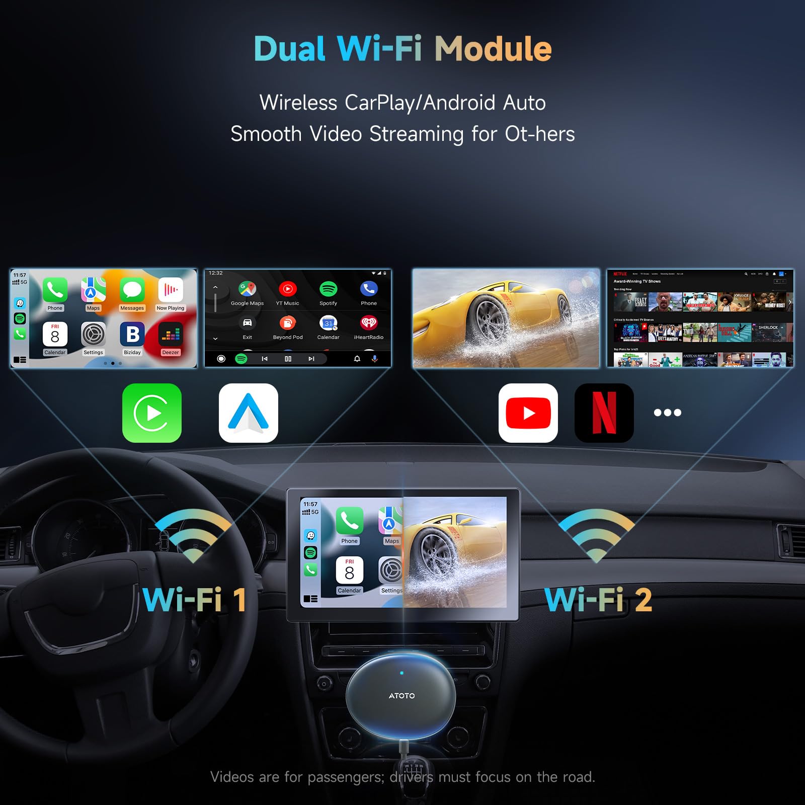 Adaptador inalámbrico CarPlay, Magic AI Box CarPlay con Estabilidad de Doble WiFi, Compatible con CarPlay y Android Auto de fábrica con Cable, Compatible con Youtube/Netflix (Oval - Negro)