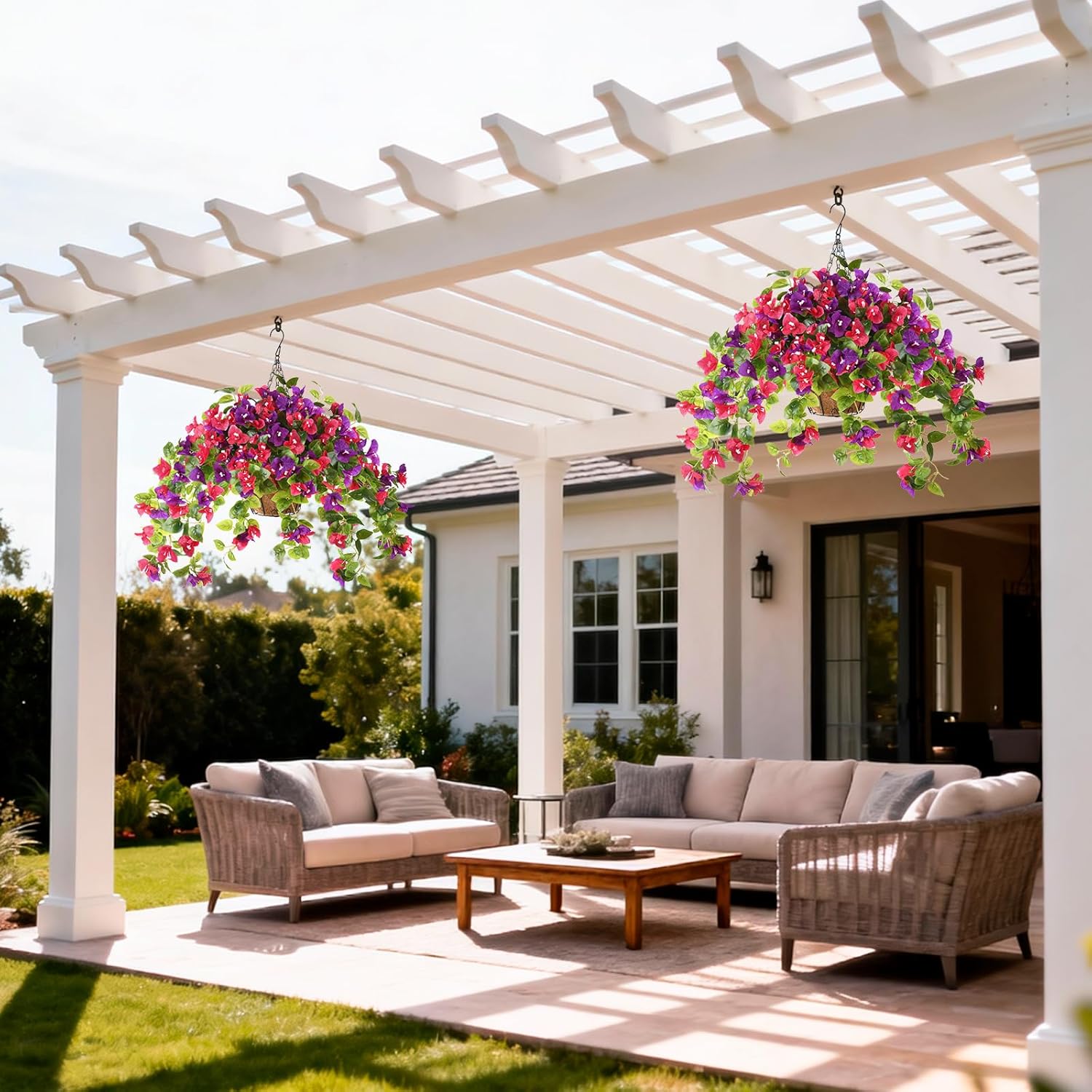 Homsunny Artificial Fake Hanging Flowers Plants Basket for Outdoor Decoration, Faux Silk Flower Bougainvillea Planter Look Real UV Resistant for Home Porch Patio Balcony Yard Spring Decor(Mix Pulple) - Image 7