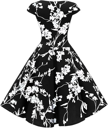 Miniatura 6 de PUKAVT - Vestido de cóctel para mujer, diseño con manga casquillo, vestido de fiesta de estilo retro acampanado de los años 1950, con bolsillos