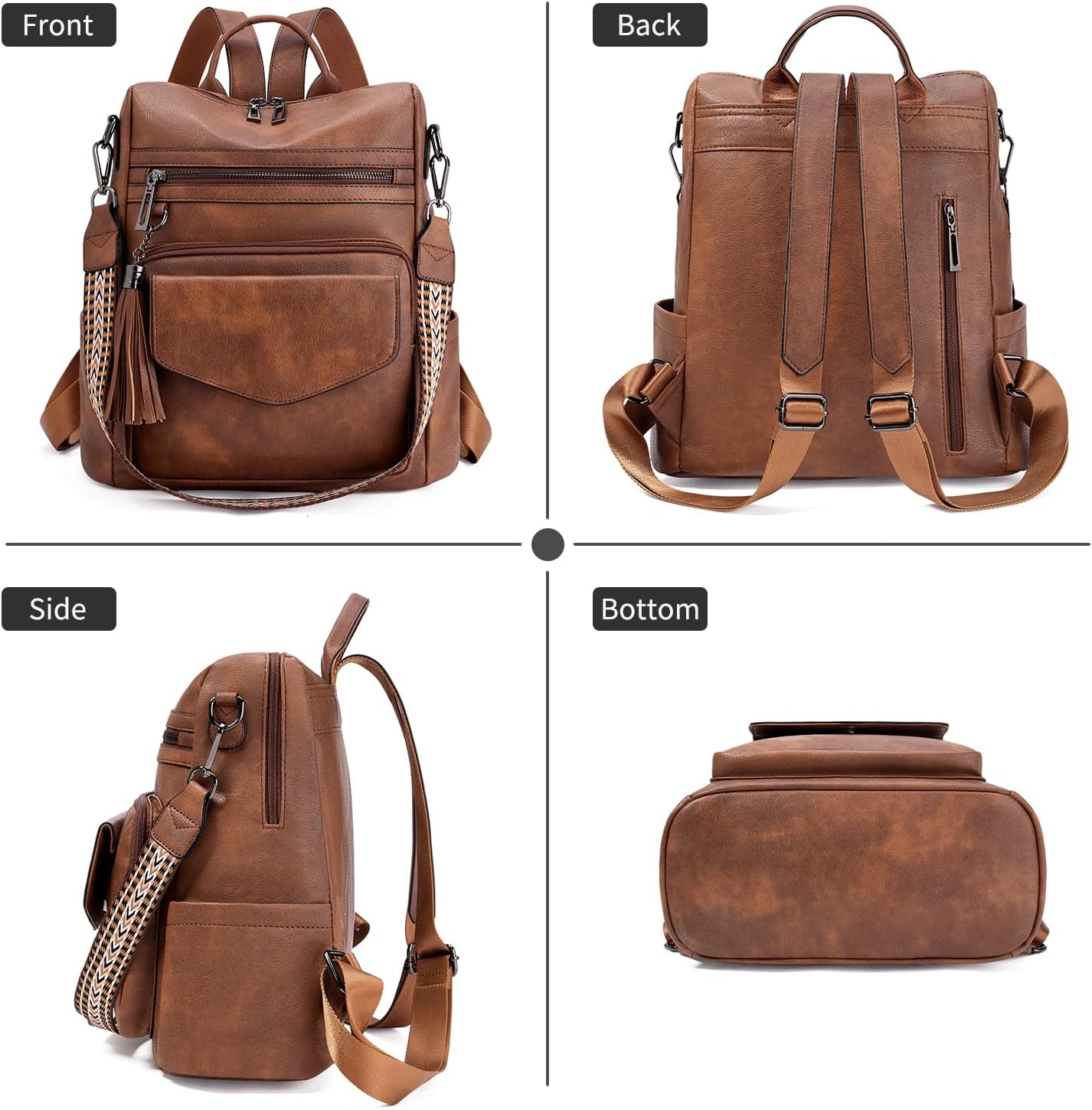 GAEKEAO Backpack Purse for Women Fashion Leather Designer Travel Backpack Purses Convertible Shoulder Bag with Wristlet（Shiny Brown）
