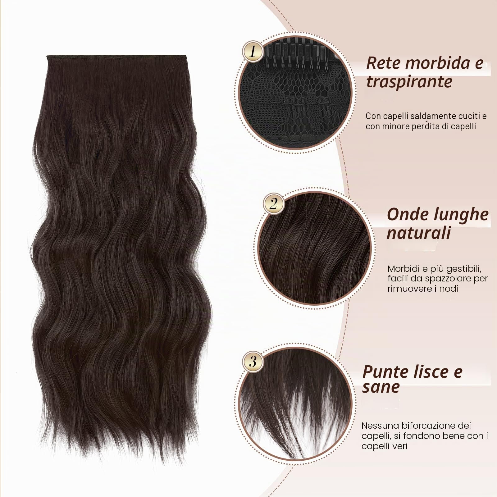 FESHFEN Extension Capelli a Clip - 4PCS Marrone Scuro Lunga Clip in Capelli Estensioni Clip Ondulati Sintetici Posticci Capelli per Donna 50 cm