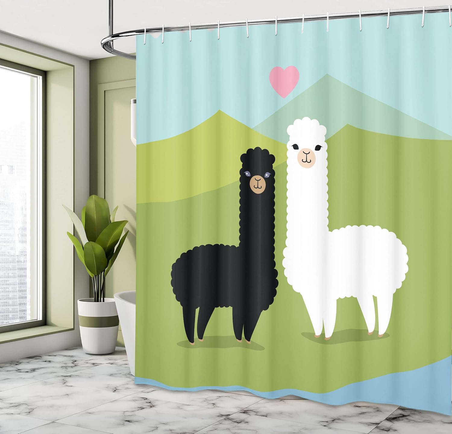 Ambesonne Llama Shower Curtain, Alpacas in Love at The Mountains Argentina Fauna Animals Contrasting Colors, Cloth Fabric Bathroom Decor Set with Hooks, 69" W x 75" L, White Charcoal
