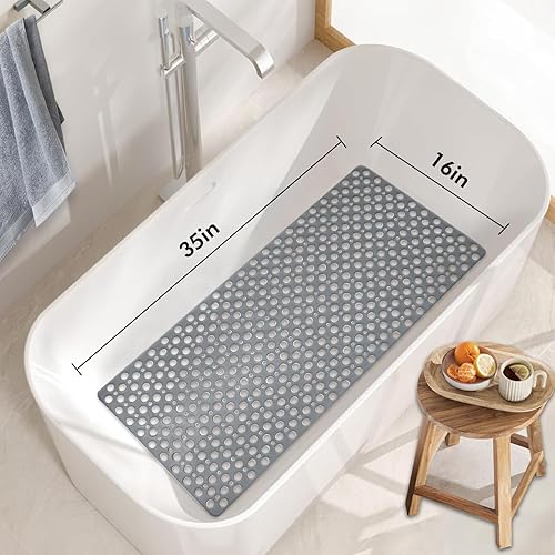 Miniatura 2 de Tapete TPE para bañera y ducha, tapete grande de 35 x 16 pulgadas, antideslizante, lavable a máquina con agujeros de drenaje, ventosas para suelo de