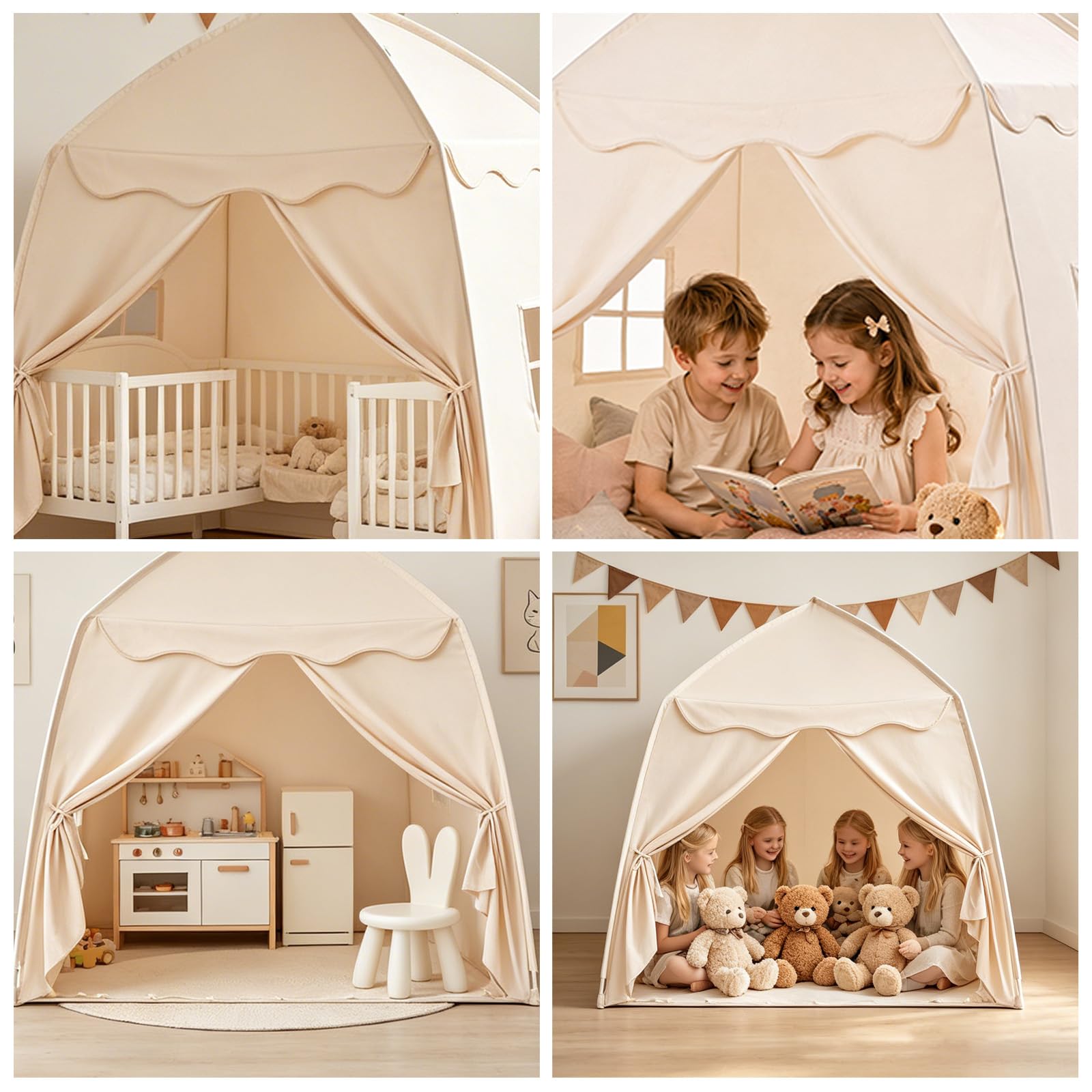 Kinderzelt Indoor Spielhaus Kinder Tipi Zelt für Kinder - Großes Spielzelt Kinder Indoor mit Lichterkette, Faltbar Kinderzelt für Kinderzimmer Oder Garten 150x100x150 cm (Beige)