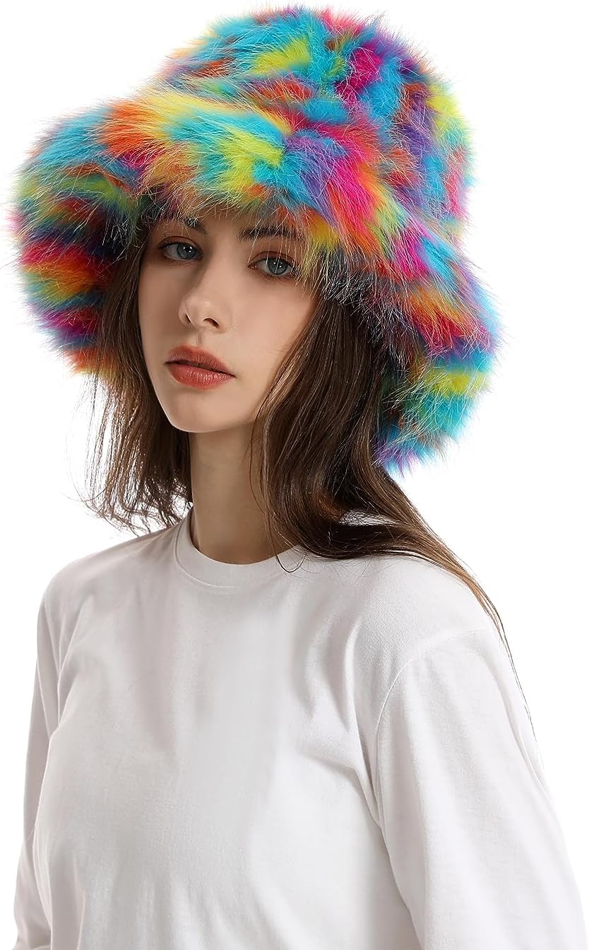 yamerbo Women Fuzzy Bucket Hat Winter Fluffy Furry Plush Faux Fur Hats Warm Plush Multicolored Bucket Hat