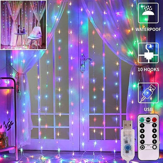 MIRADH 300 LED Fairy Curtain String Lights 9.8Ft x 9.8Ft – USB Powered Remote-Controlled Backdrop, Warm Ambience for Diwali, Navratri, Christmas & New Year Décor,(Multi)