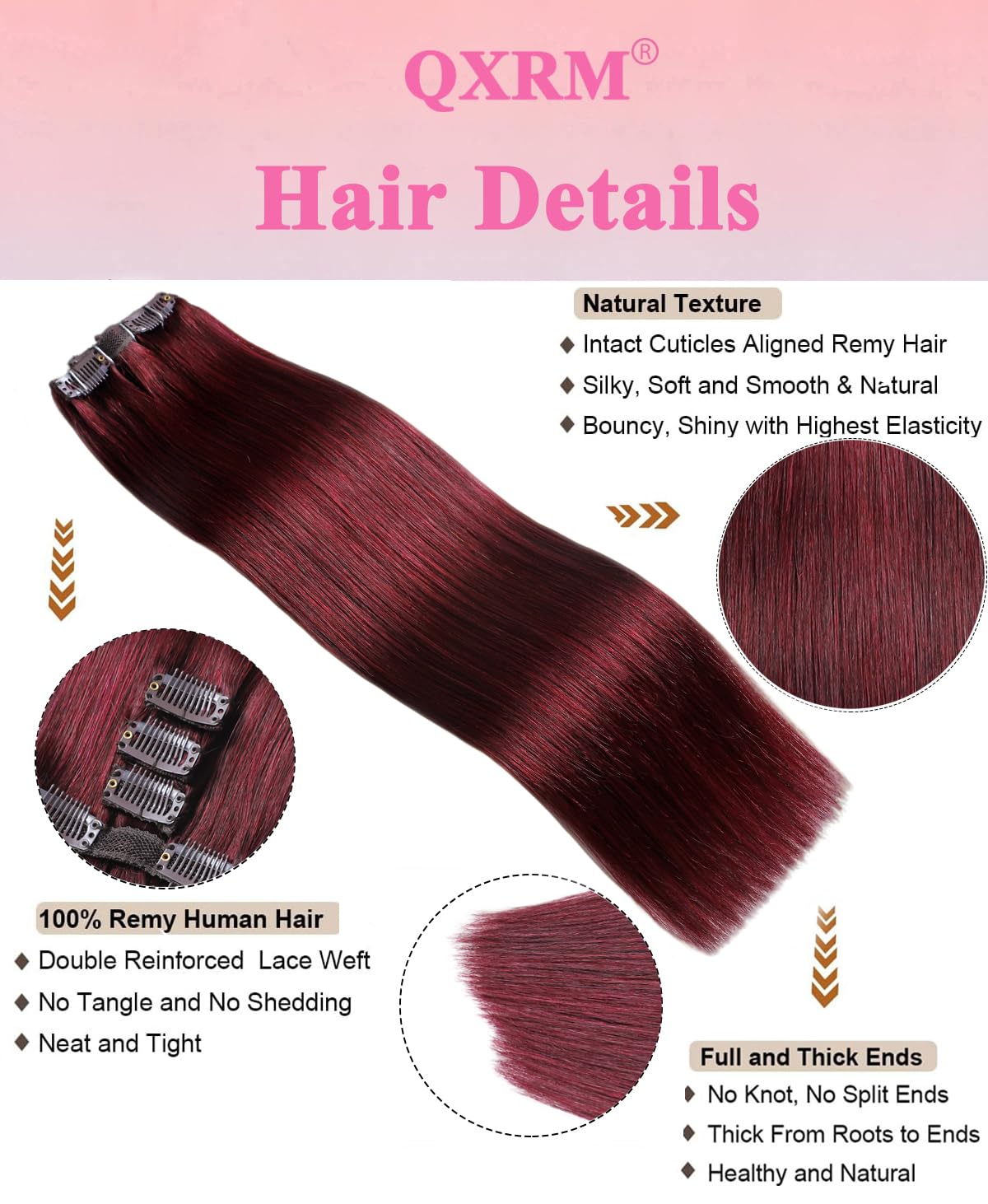 Clip in Hair Extensions Real Human Hair Straight Real Remy Human Hair 8pcs 100g Double Weft Remy Human Hair Clip in Extensions (#99J Red Wine - Image 2