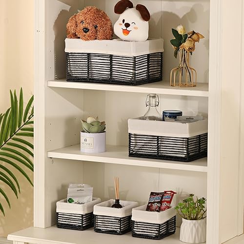 Miniatura 5 de Vagusicc Cestas de almacenamiento de mimbre, cestas negras de cuerda de papel tejidas a mano para almacenamiento, cestas rectangulares de mimbre