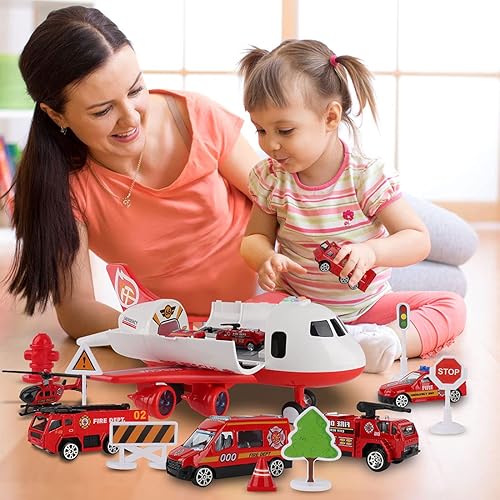 Miniatura 5 de Juguete de avión con camión de bomberos y tapete de juego avión con luces y sonidos para niños y niñas de más de 3 años