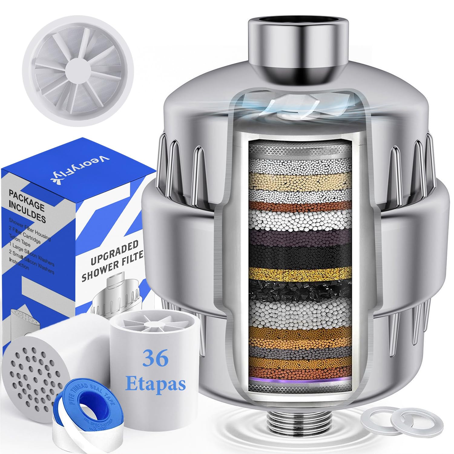 Filtro Ducha 36 Etapas Purificador Incluidos Vitamina C E Filtro Ducha Antical Pelo Alta Presión Ablanda Agua Reduce Cloro Metales Alivia Picores, Mejora el Estado de la Piel y el Cabello, 2 Cartuchos
