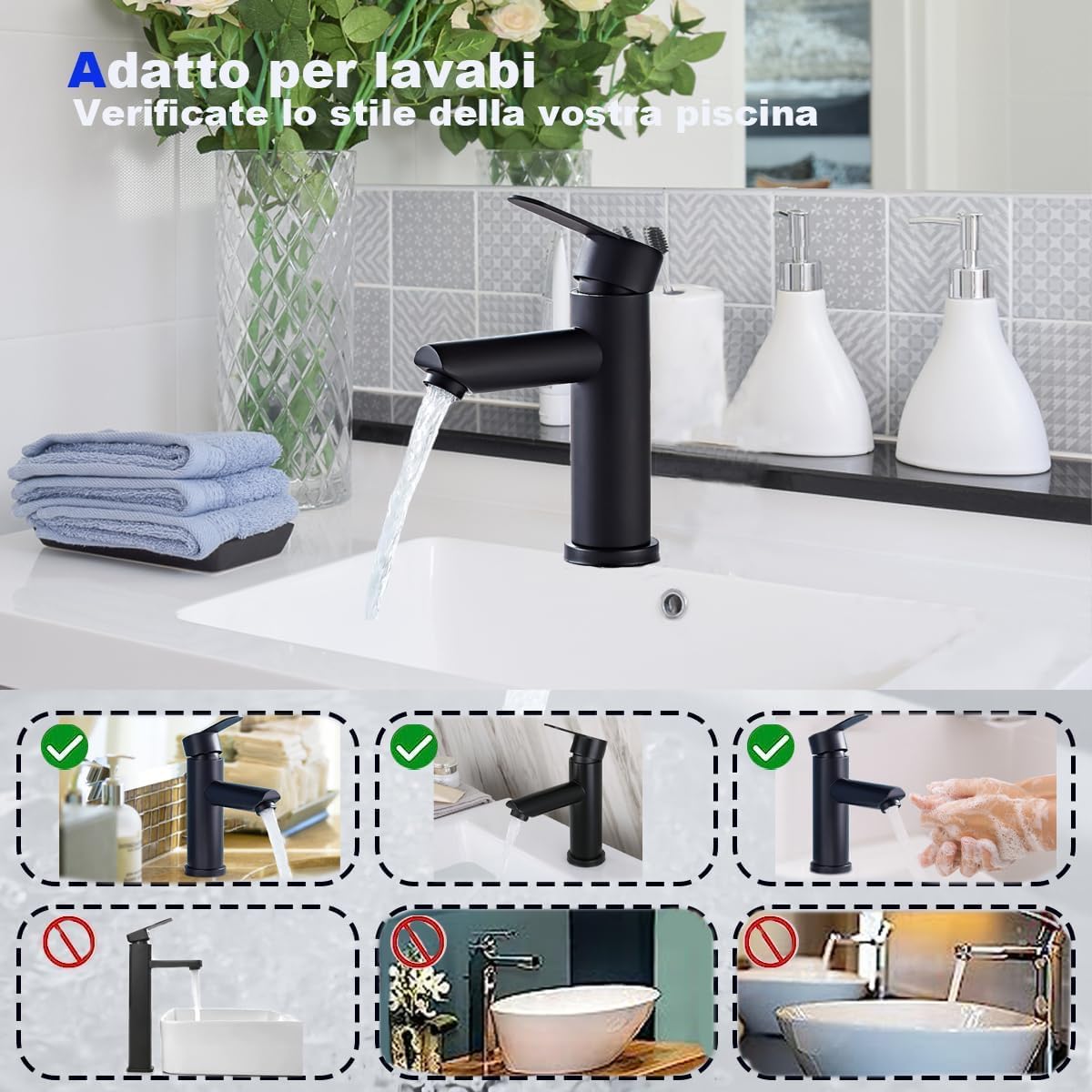 XWIHTR Rubinetti per lavabo e bagno caldi e freddi in acciaio inox, con risparmio idrico silenzioso e senza gocciolamento per bagno, lavabo, piccoli rubinetti da cucina (nero)