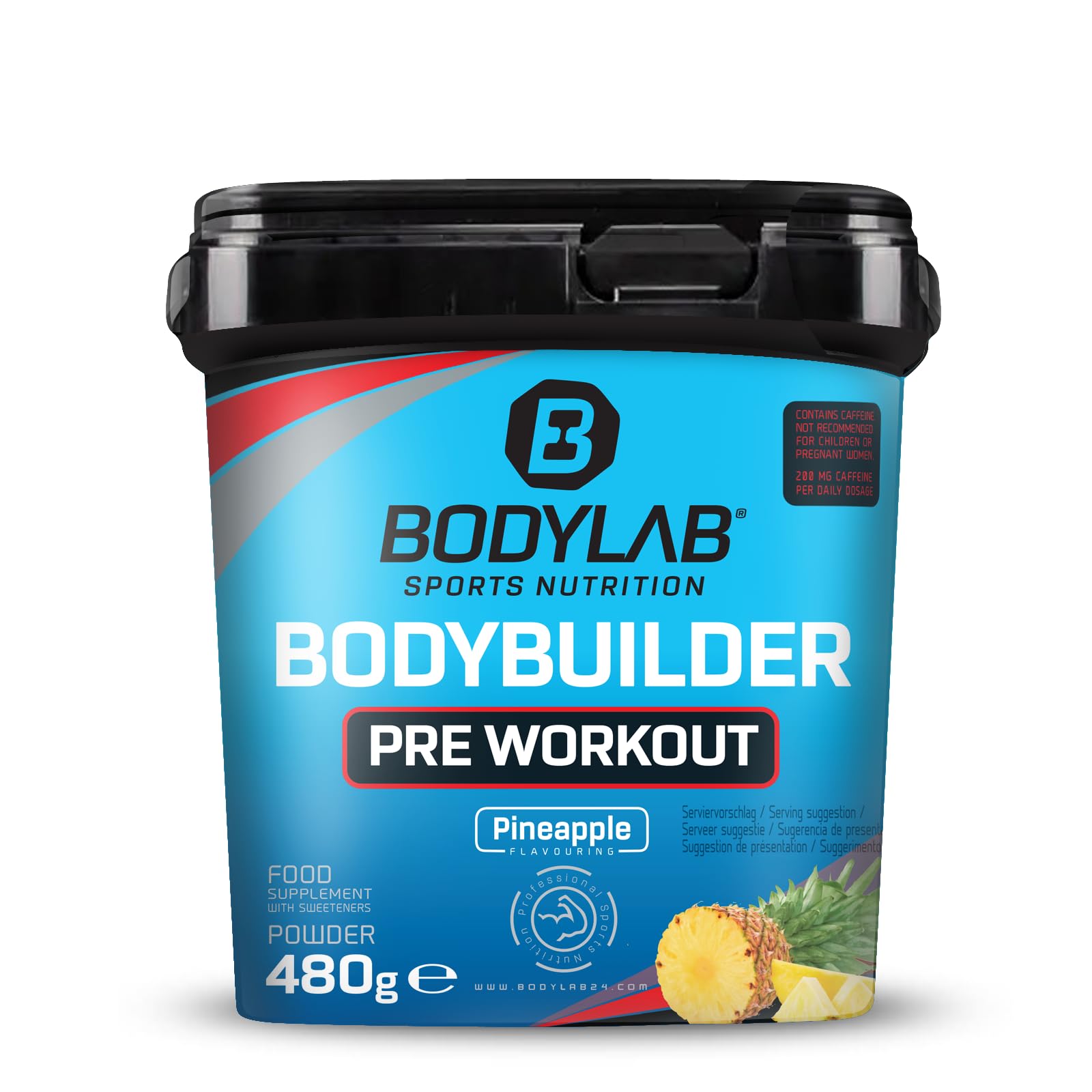 Bodylab24 Bodybuilder Pre Workout Ananas 480g, mit verschiedenen Aminosäuren (Citrullin, Arginin, Glycin, Tyrosin, Taurin), Koffein und verschiedene Pflanzenextrakte, fruchtig im Geschmack