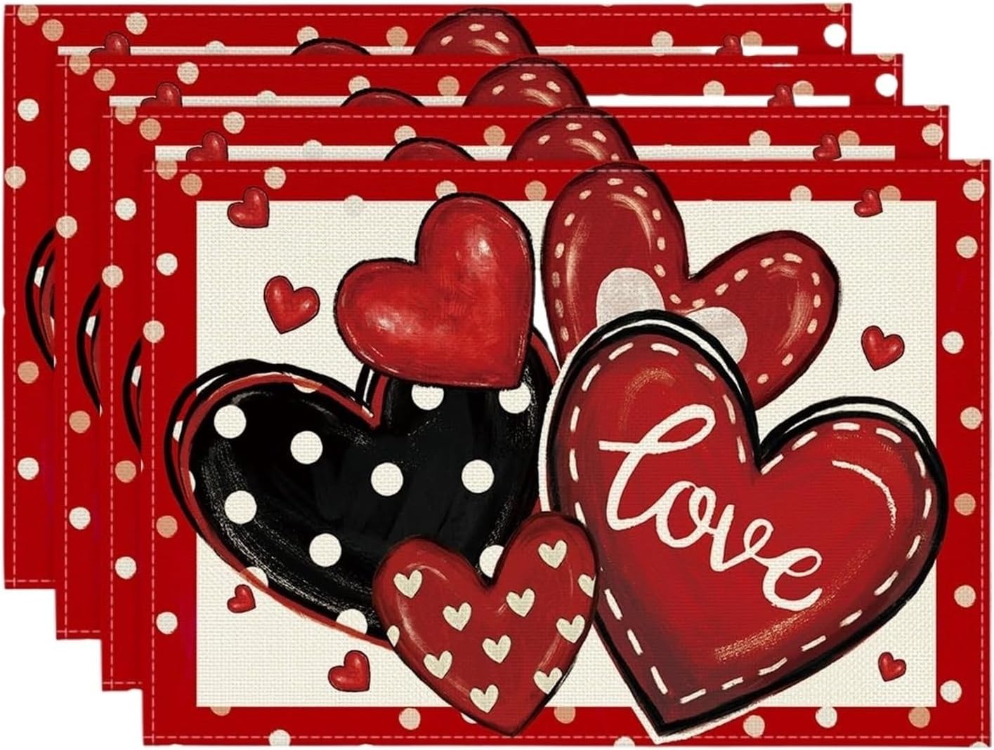 Red Dot Heart Love Valentines Day Placemats Set of 4, 12x18 Inch Wedding Anniversary Table Mats for Party Kitchen Dining Decor(1p)