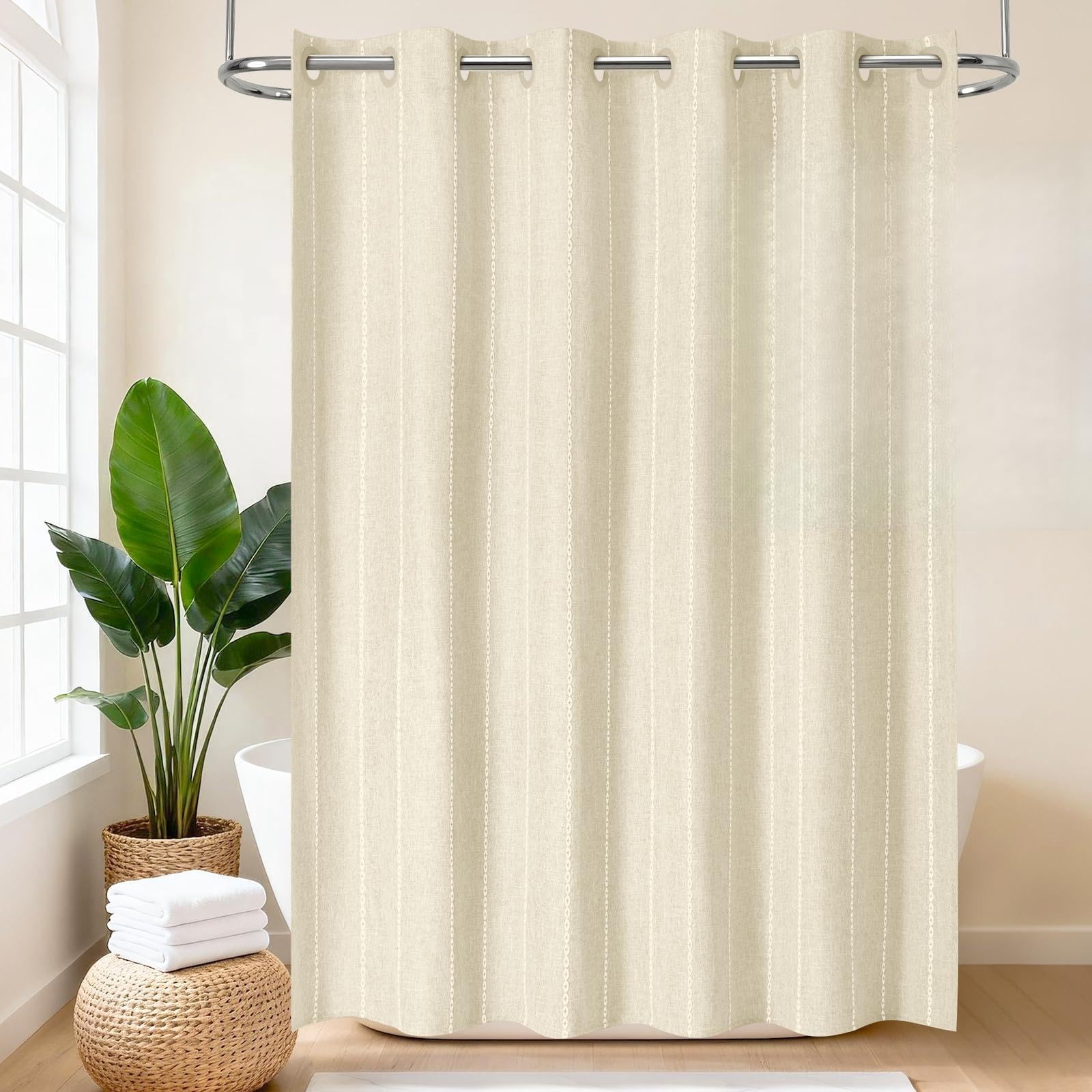 VANZAVANZU Rideau de douche bohème, sans crochets, beige, tissu polyester et lin à rayures avec revêtement imperméable pour salle de bain, style campagnard rustique shabby chic, rideau de douche
