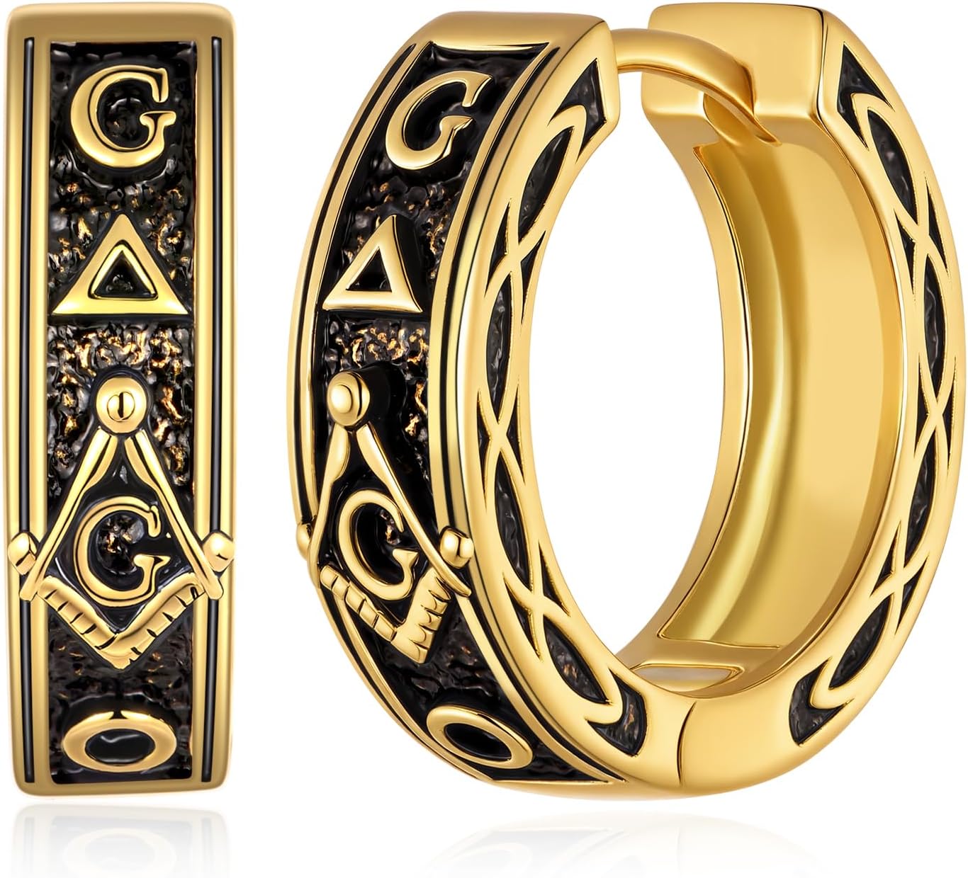 925 Sterling Silver Masonic Earrings for Men - Gold Freemason Hoop Earrings - Masonic Jewelry Mens Gold Hoop Earrings