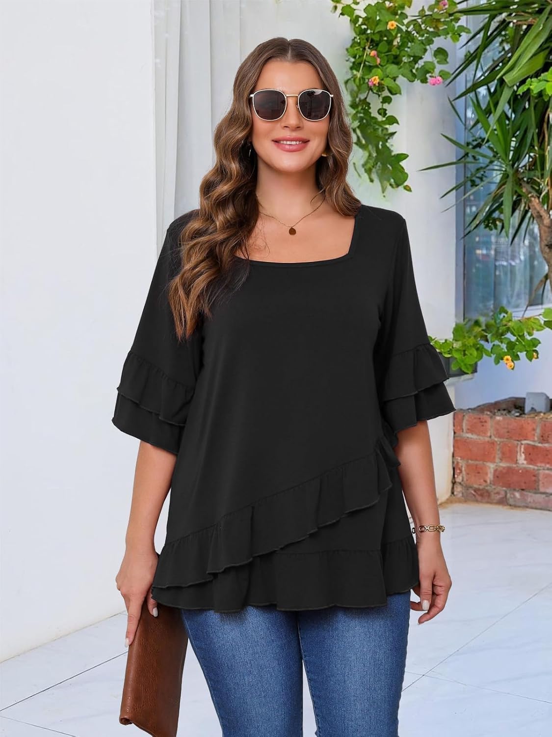 Beauhuty Womens Plus Size Tops Square Neck Tunic Double Ruffles Hem 3/4 Sleeve Shirt Casual Trendy Flow Loose Dressy Blouse - Image 7