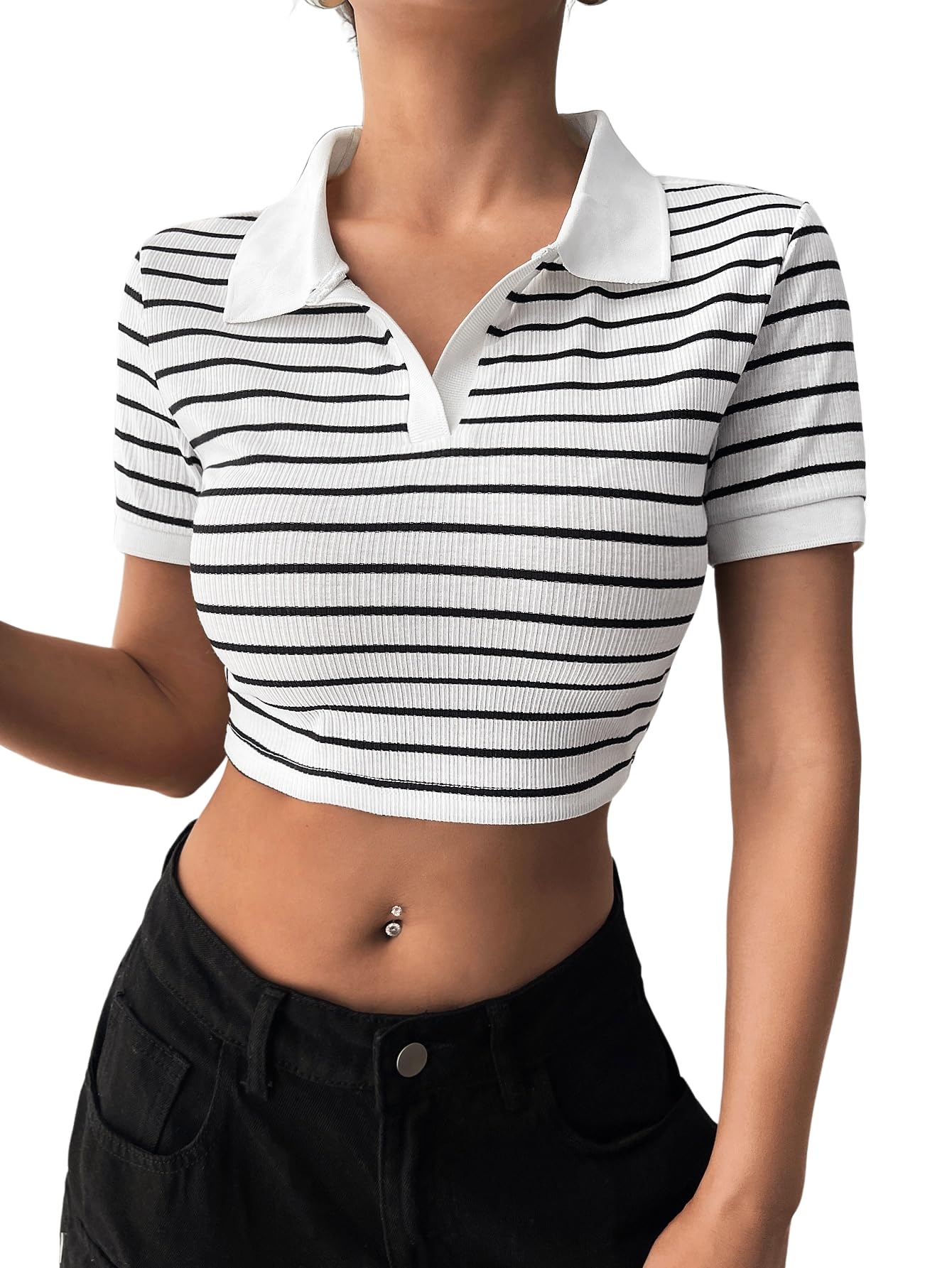 Striped Slim Fit Crop Polo Collar Short Sleeve T-Shirt for Women's & Girl's-image-28