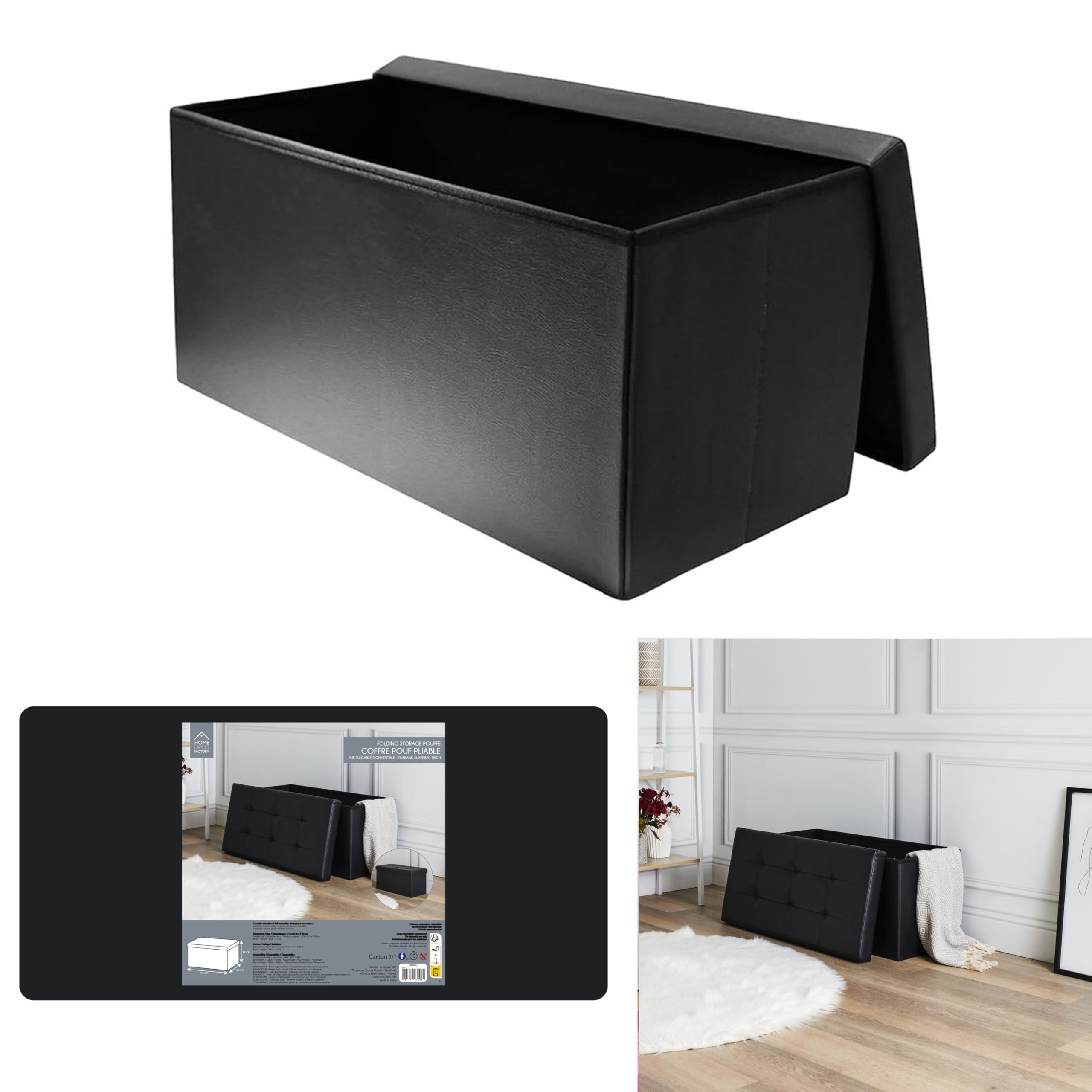 HOME DECO FACTORY - HD3404, Baúl Banco Plegable en PU Negro, Diseño Práctico y Elegante, Diseñado para Almacenamiento, Dimensiones 76 x 37,5 x 37,5 cm, Color Negro