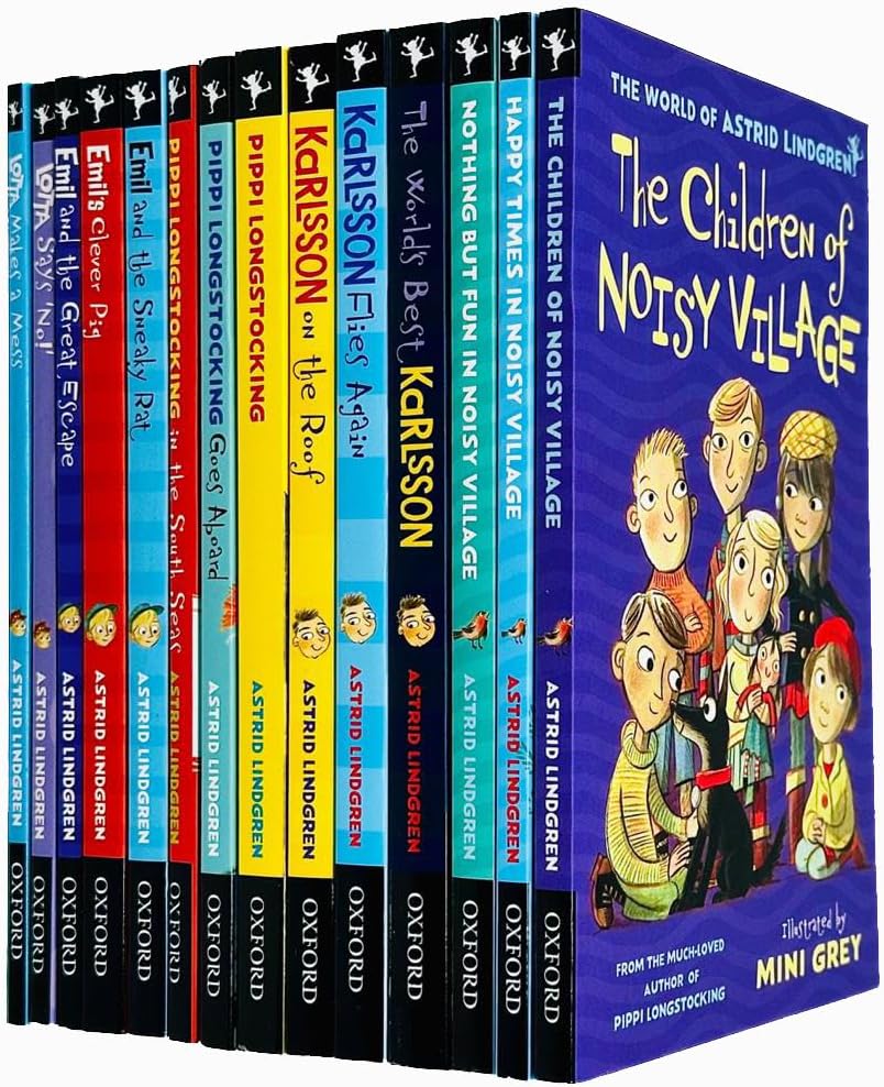 Astrid Lindgren Collection 14 Books Set (The Children of Noisy Village, Happy Times,Nothing but Fun, The World's Best Karlsson,Flies Again,on the Roof,Pippi Longstocking,Emil's Clever Pig & More)