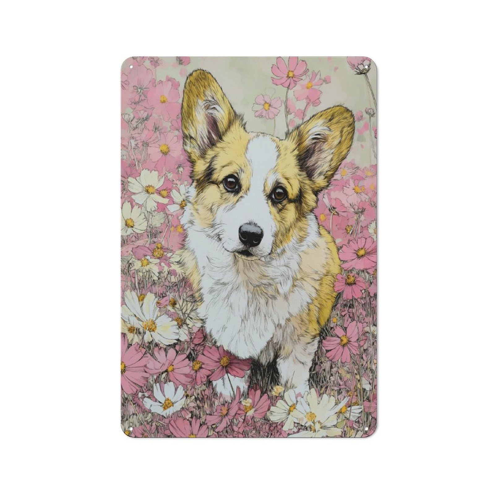 Junmoney Floral Field With Corgi Country Metal Sign With Design 30X20cm, Farmhouse Farmhouse Wall Decor For Kitchen, Cottage, Porch Or Garden Room