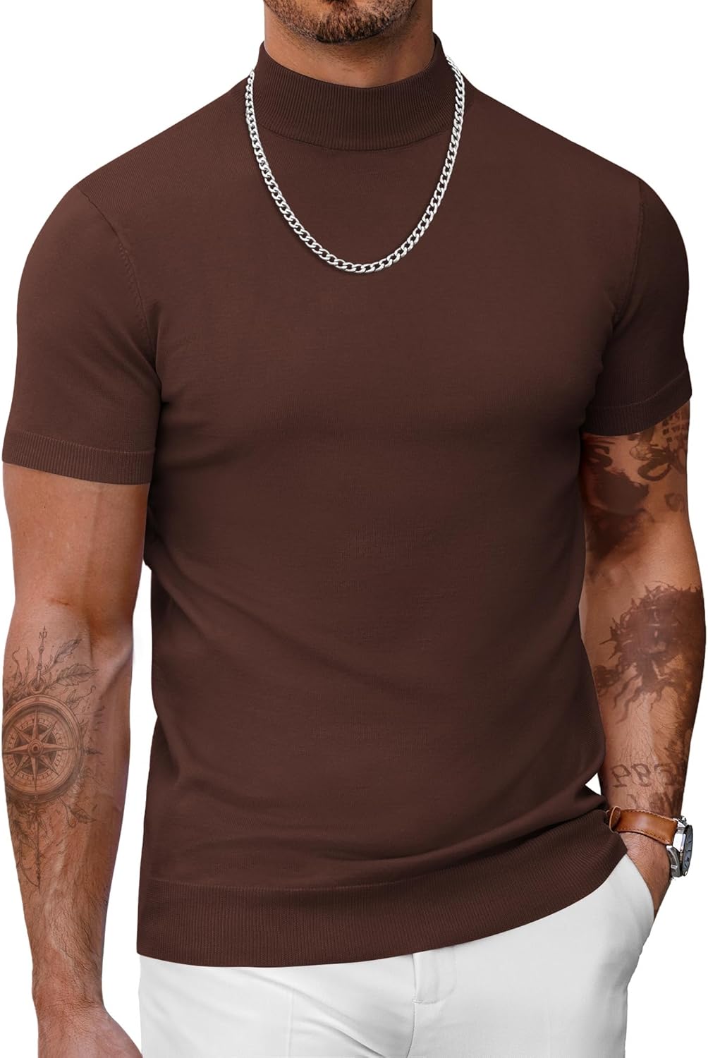 COOFANDY Mens Turtleneck Short Sleeve Solid Color Slim Fit Knitted