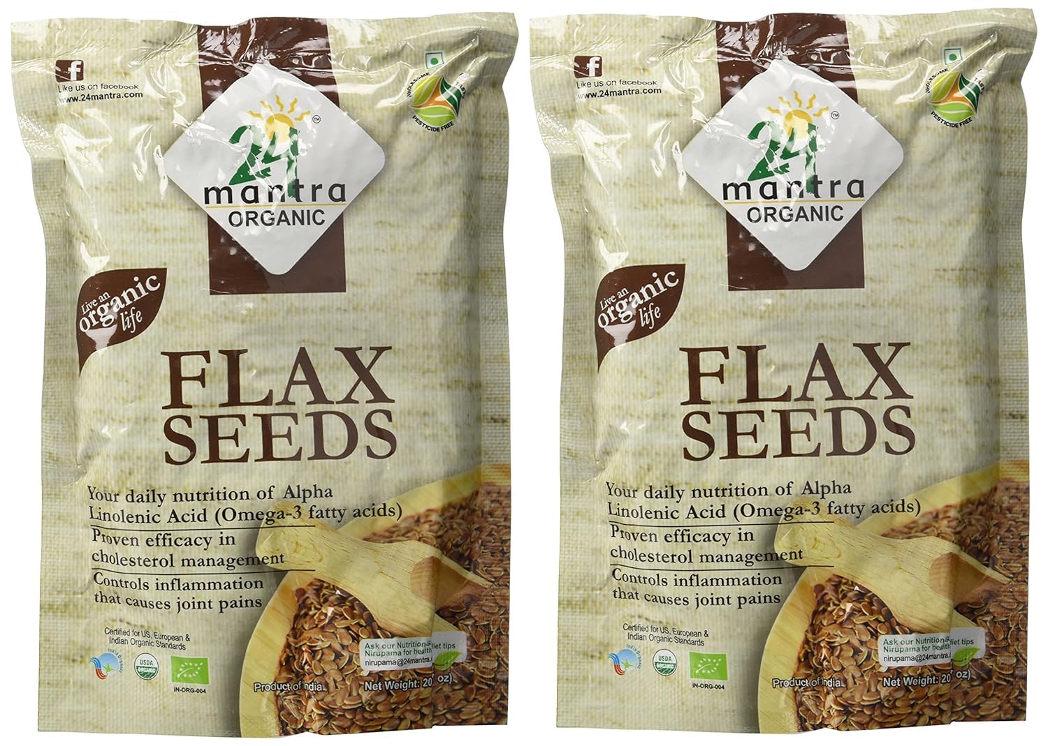 24 Mantra Organic Flax Seeds USDA Certified Organic EU Certified Organic Pesticides Free Adulteration Free Sodium Free - Pack of 2 X 7 Ounces (14 Ounces)