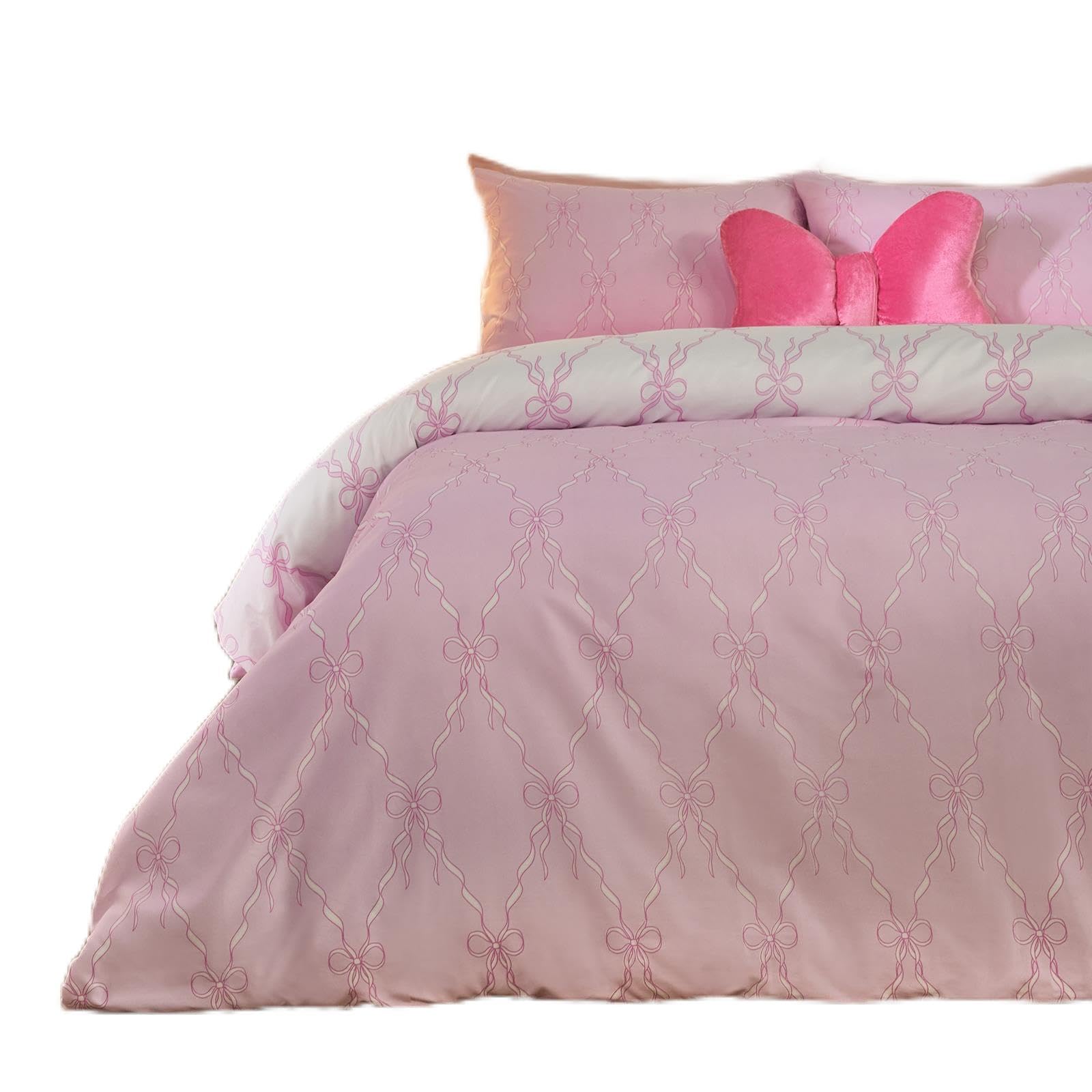 Ohs Women's Pink/White Lattice Bow Bedding, Gifts For Super Soft Warm Cosy Bow Print Single Duvet Cover Set Girls Comfy Microfibre Reversible Single Bedding Set With Pillowcase,