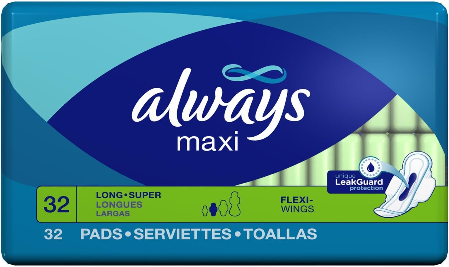 Always Maxi Pads Long Super With Wings Unscented, 32 CT (Pack of 6)