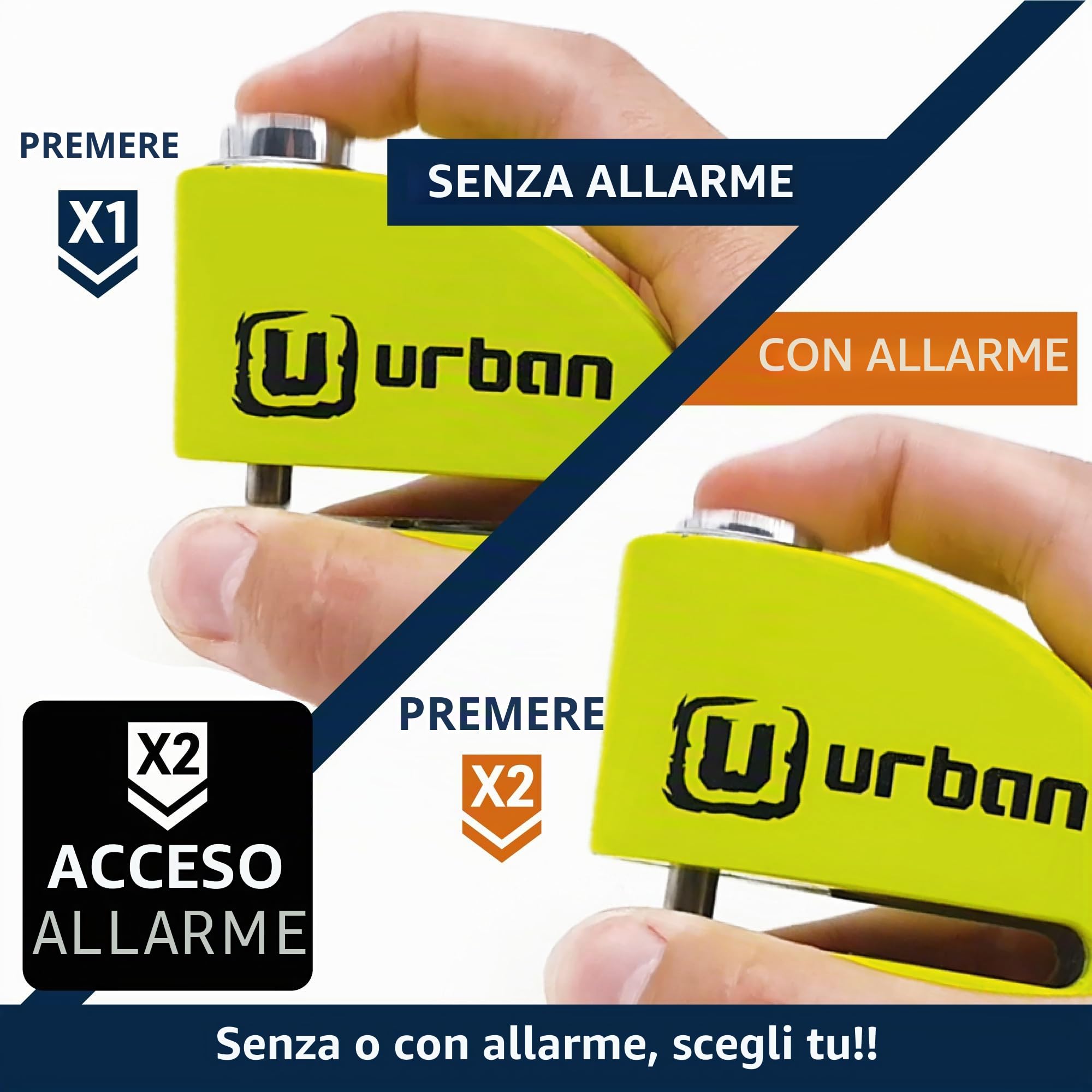 URBAN UR906X5L Bloccadisco Moto con Allarme e Cavo Antifurto 2m, 120dB X2-ON, Impermeabile, Batteria Lunga Durata, Lucchetto Blocca Disco Universale per Moto, Scooter, Bici, Monopattino Elettrico