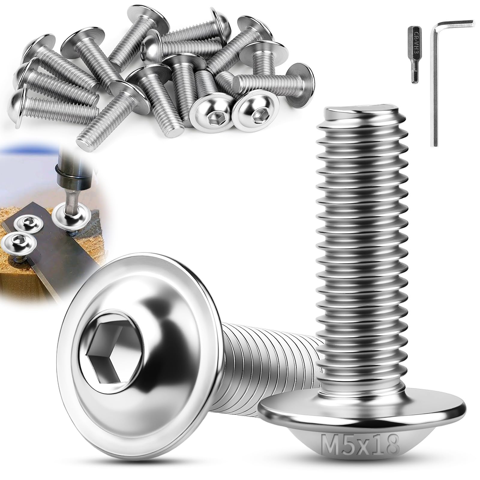 TXXATX M5 Bolts, M5x18 mm Flanged Button Head Socket Cap Screws, 30 Pcs Pan Head Screws, 304 Stainless Steel Bolts with Allen Key & Bit for Furniture, Motorbike Fairings, Outdoor Garden & 3D Printers