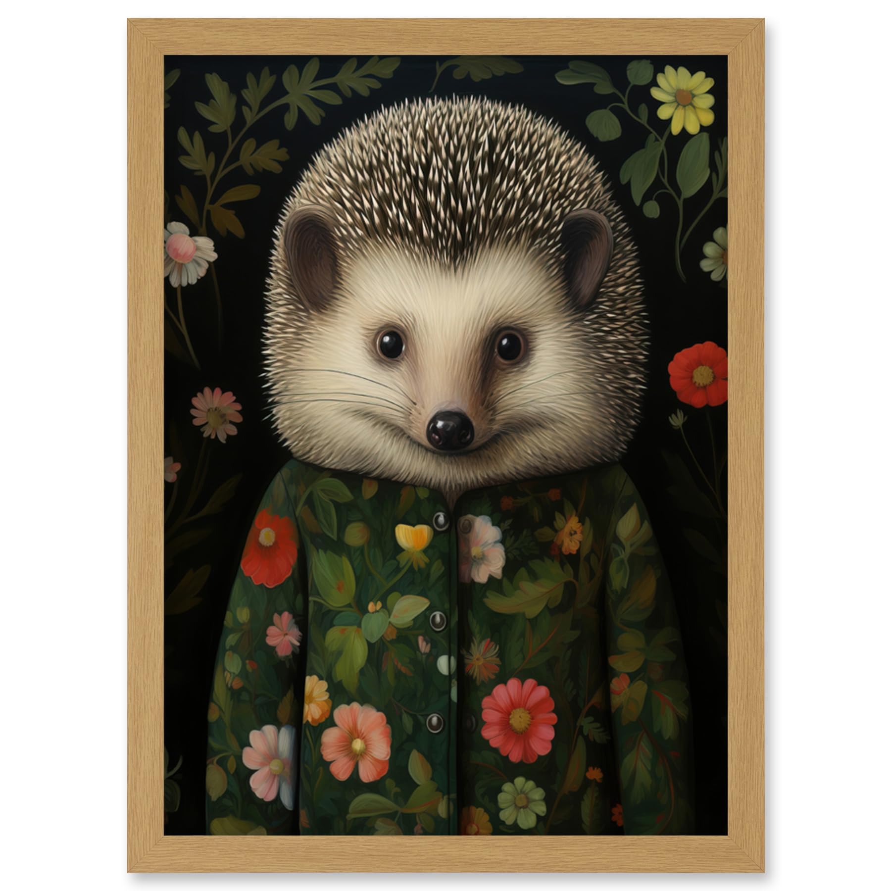 Artery8 Hedgehog in Hedgerow Floral Jacket Cute Kids Bedroom Artwork Framed Wall Art Print A4