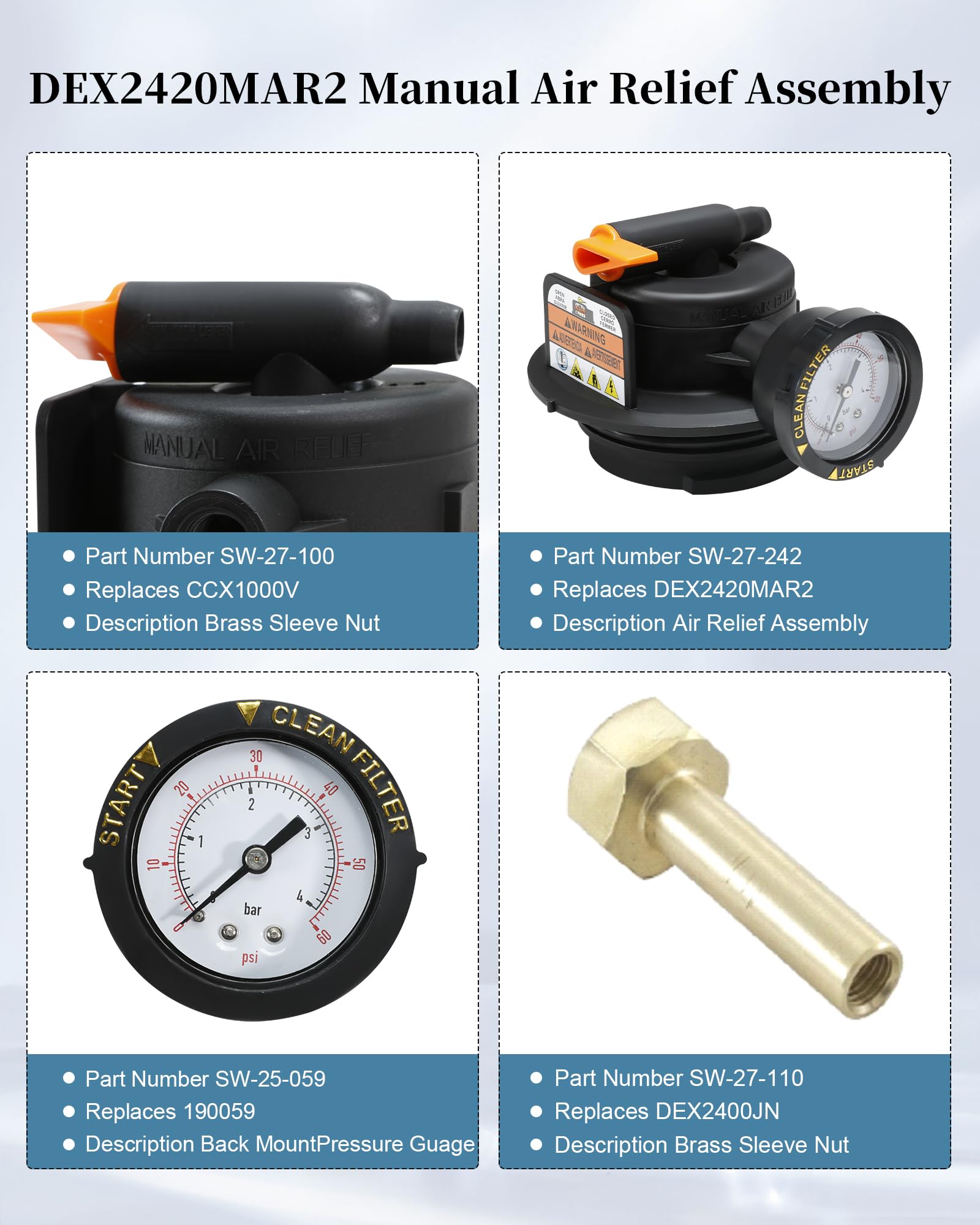 DEX2420MAR2 - Conjunto de alivio de aire manual para Hayward DE y filtro de piscina de cartucho, también apto para filtros de cartucho Pro Grid, Swimclear y Swim Clear