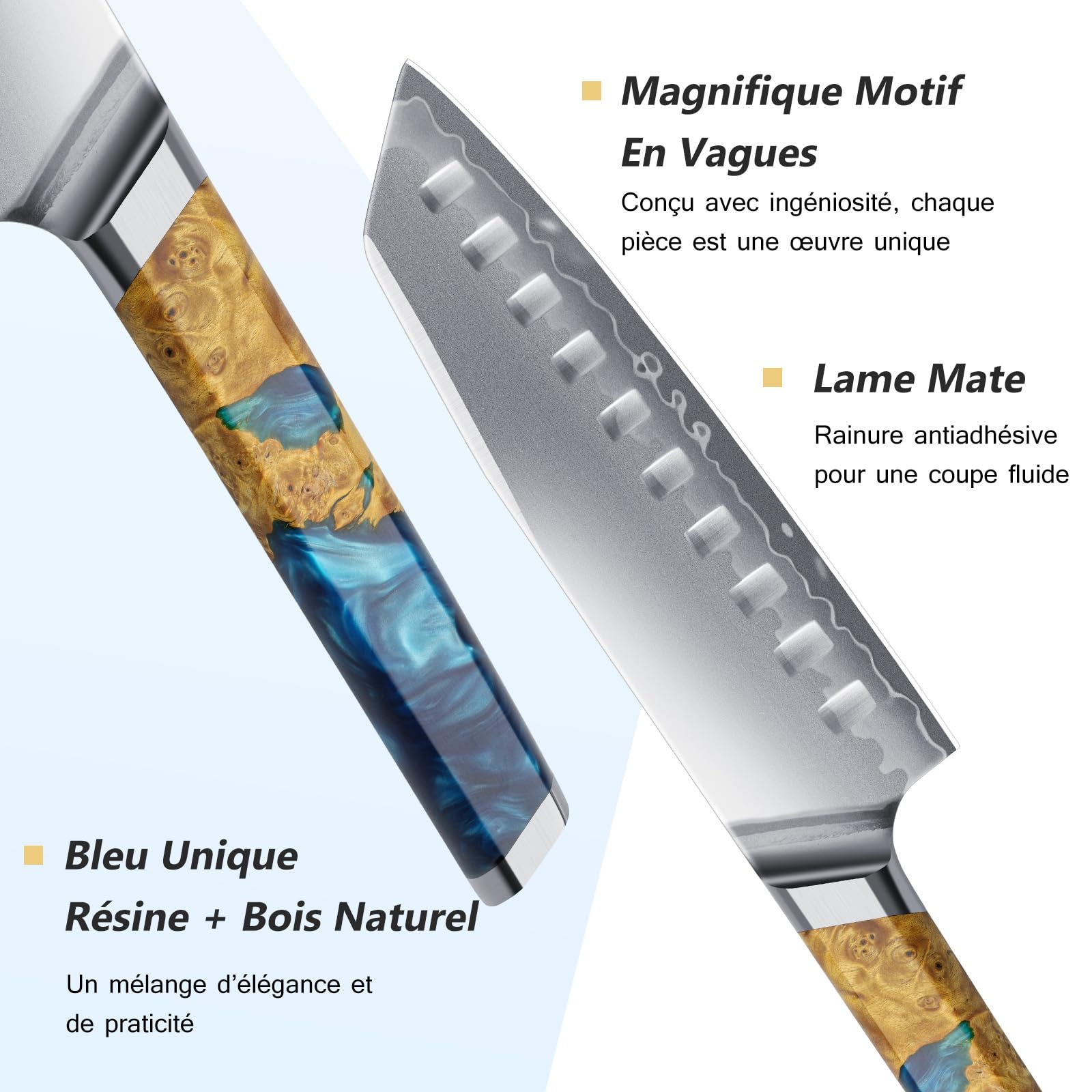 FINTISO Couteau Santoku 18CM Couteau de Chef Japonais Ultra Tranchant, Noyau en Acier en Poudre S35VN, Acier 7 Couches, Manche en Résine Céleste et Bois Stabilisé,Idée Cadeau Parfaite