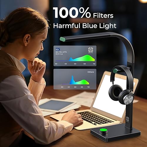 Miniatura 3 de Lámpara de escritorio LED con luz que cuida los ojos, puertos USB, 7 modos de color, cuello de cisne flexible y soporte para auriculares para