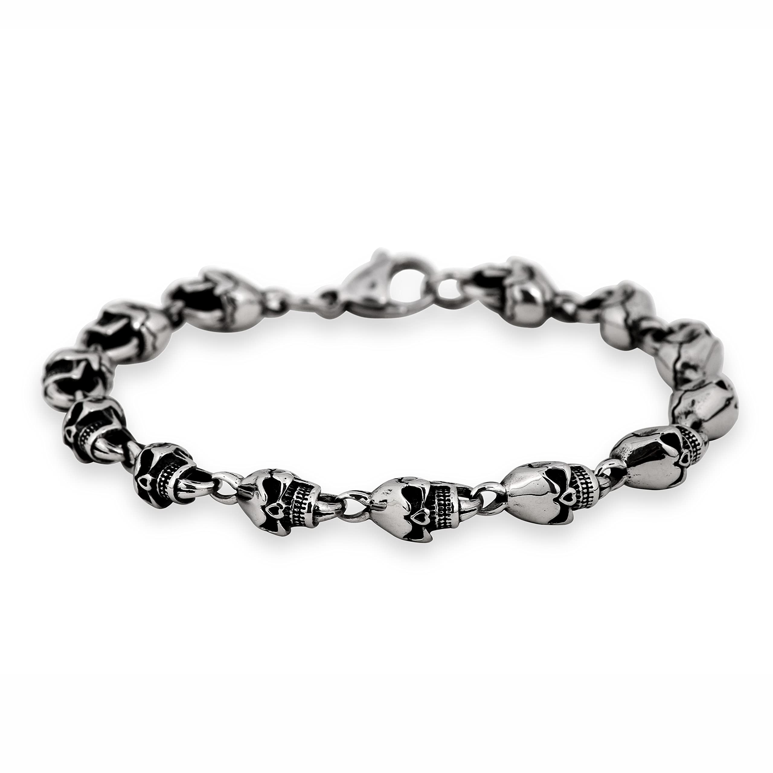 HAQUIL Stainless Steel Skull Bead Linked Strand Bracelet for Men and Women, Gothic Punk Rock Biker Skull Jewelry Gift