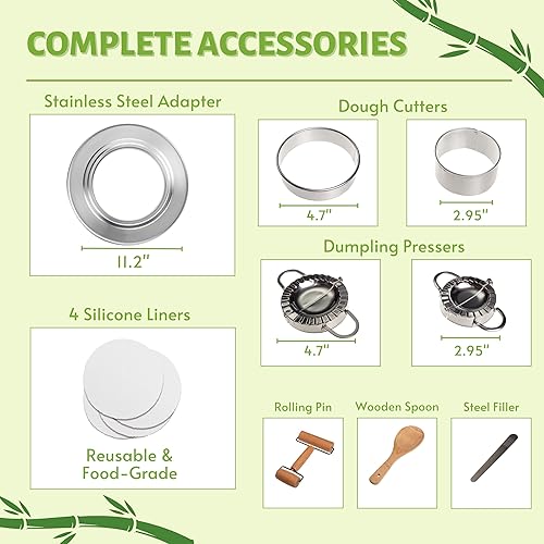 Miniatura 2 de Vaporizador de bambú de 2 niveles de 10 pulgadas con refuerzo y mango, forro de silicona reutilizable y kit de accesorios para cocinar albóndigas,