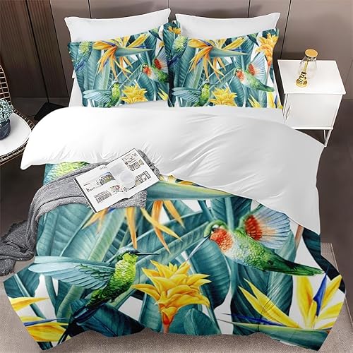 Miniatura 2 de Pinbeam Juego de funda de edredón, juego de ropa de cama de colibrí de aves tropicales de verano para niños y adultos, decoración de dormitorio,