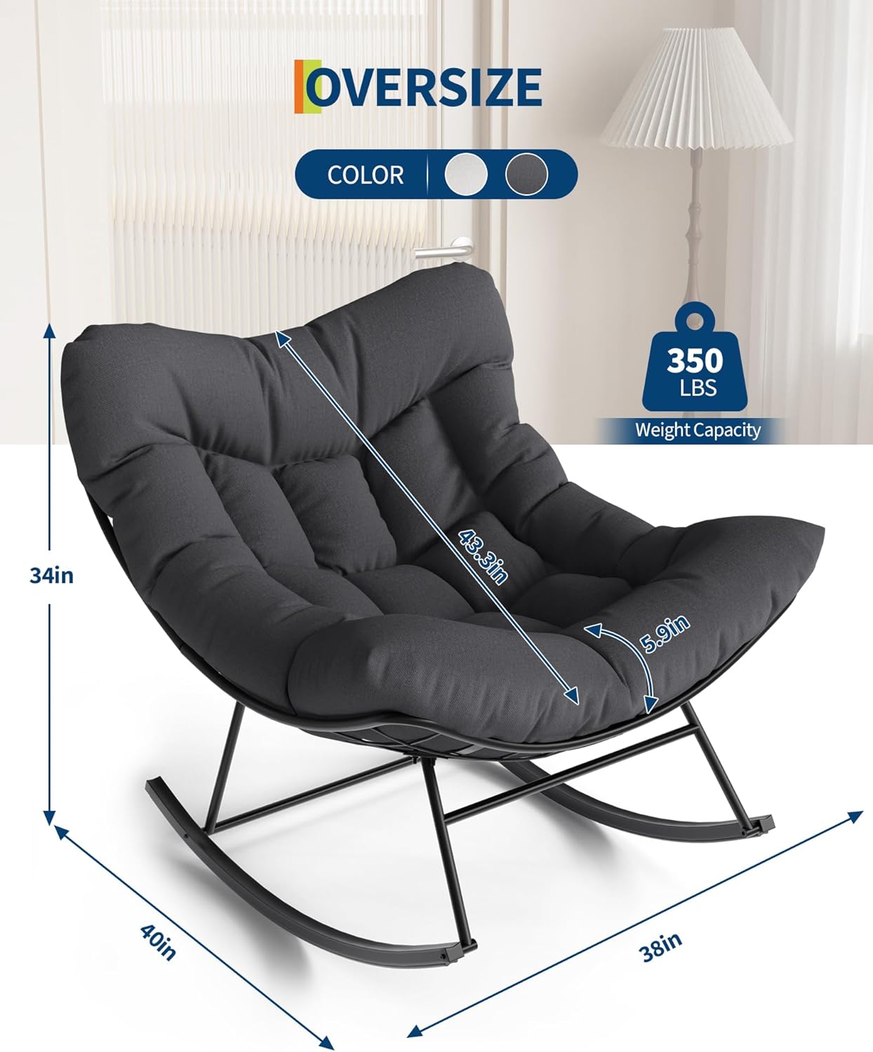 GarveeLife Outdoor Papasan Rocking Chair, Oversized Rocking Chair with Sturdy Metal Frame, Patio Rattan Egg Rocker for Balcony Backyard Porch Bedroom, Grey