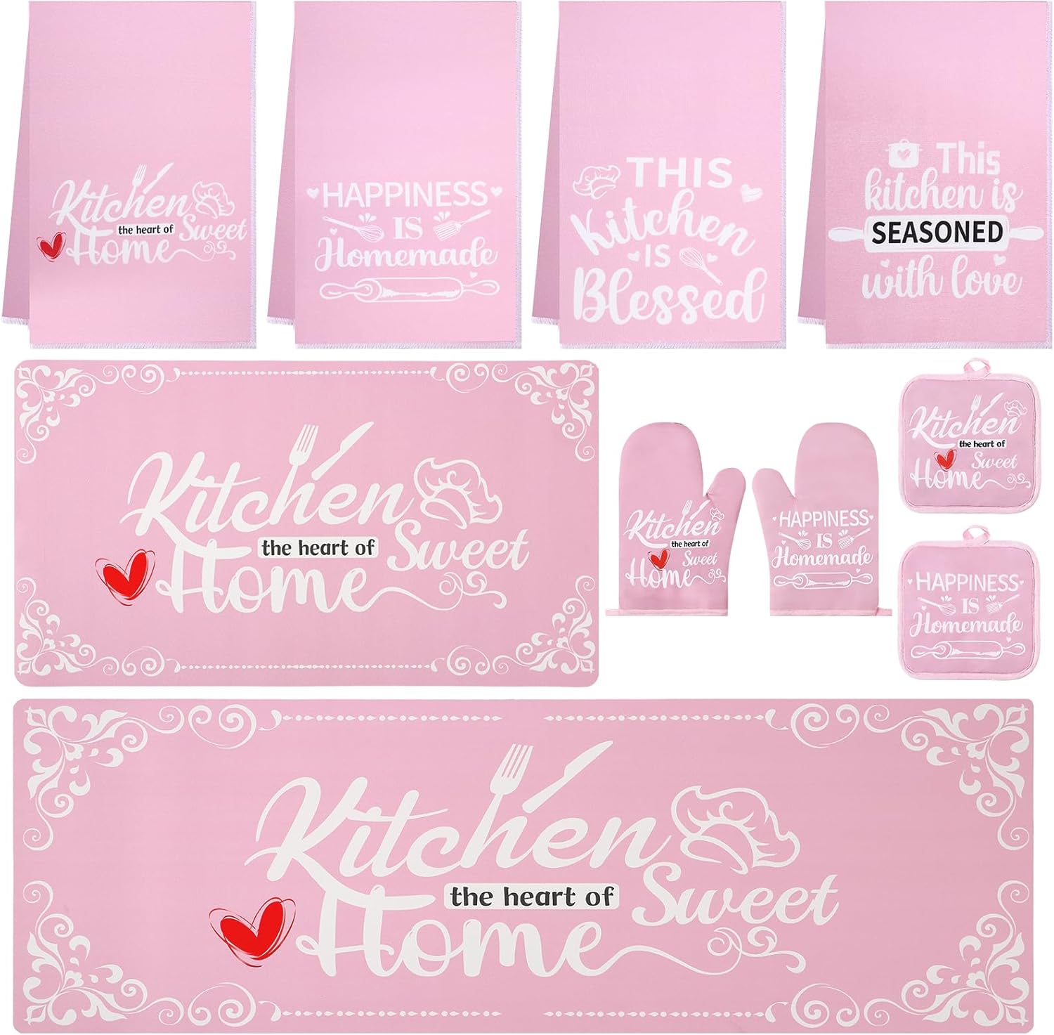 10 Pcs Pink Kitchen Accessories Decor Set with 4 Kitchen Dish Towels 2 Vintage Pot Holders 2 Oven Mitts Glove 2 Farmhouse Non Slip Runner Rugs, Home Decorations Accessories