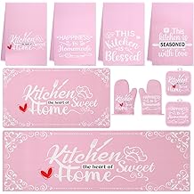 10 Pcs Pink Kitchen Accessories Decor Set with 4 Kitchen Dish Towels 2 Vintage Pot Holders 2 Oven Mitts Glove 2 Farmhouse Non Slip Runner Rugs, Home Decorations Accessories
