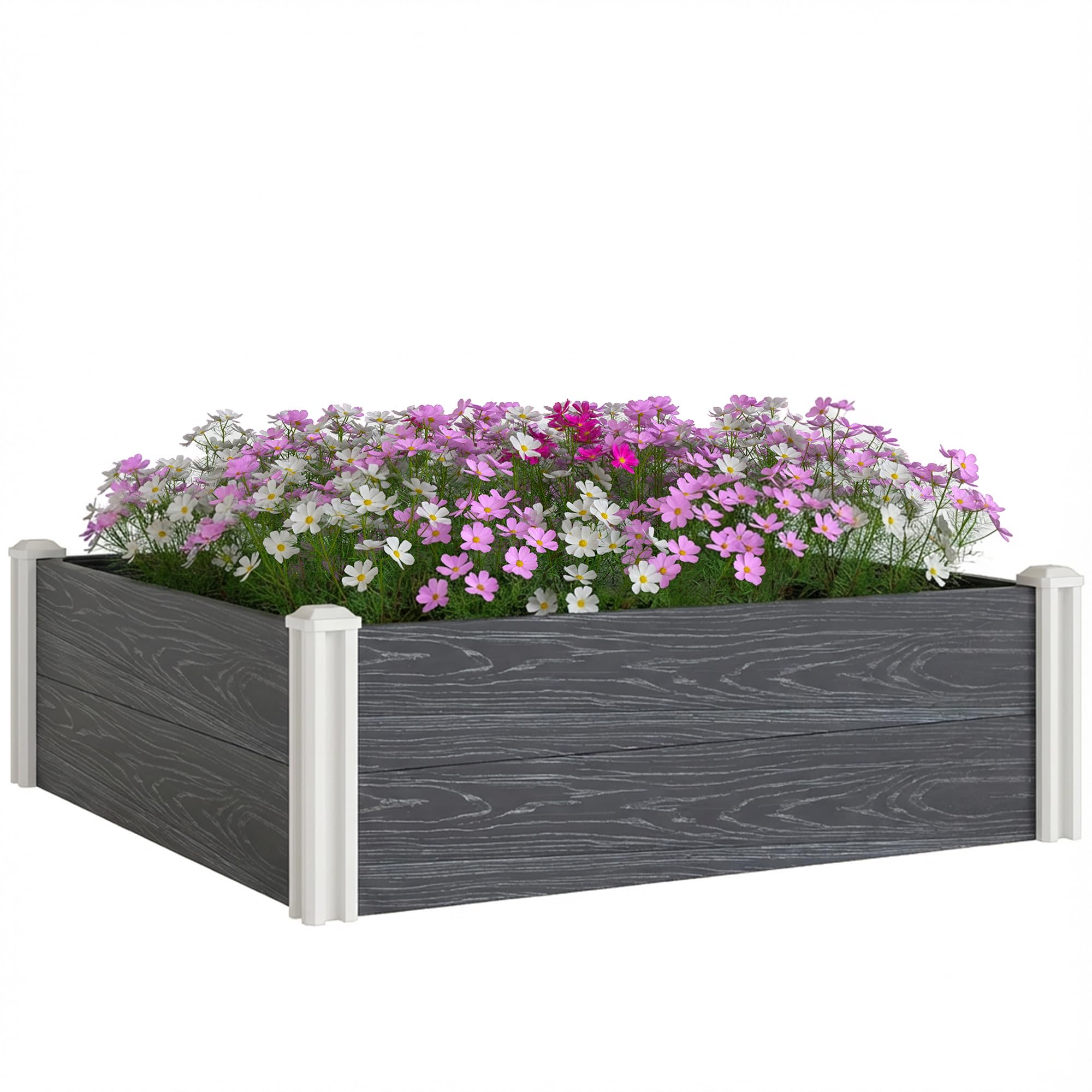 Outsunny Vinyl Raised Garden Bed Kit, 3 x 3 x 1ft Modular Elevated Garden Box with Slotting Legs and Open Bottom, Outdoor Raised Planter Box for Flowers Herbs Vegetables, Dark Grey