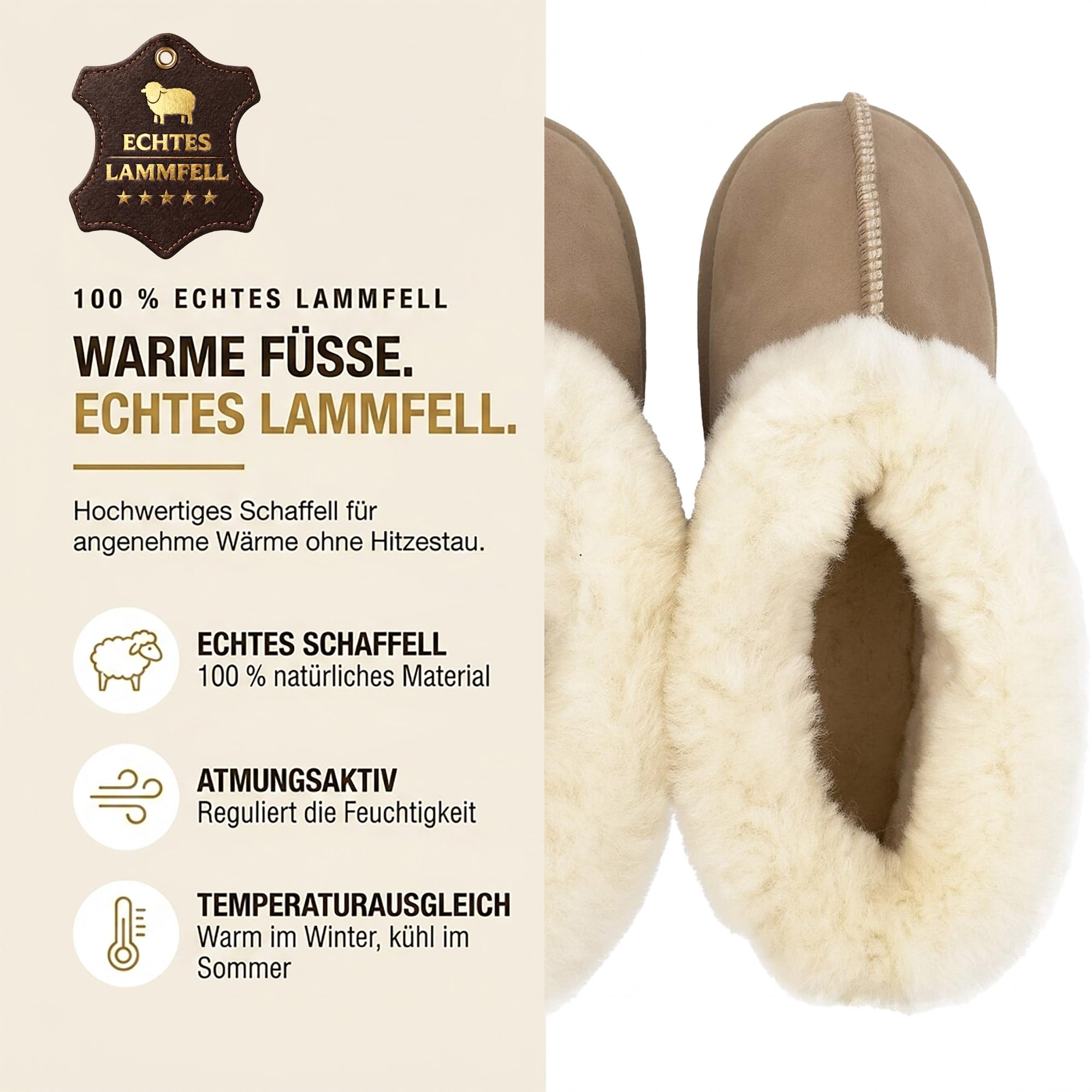 Rohn Moden Lammfell Hausschuhe für Damen und Herren – Chalet – Warme Hausschuhe mit Schaffell & weicher Ledersohle – Winter Pantoffeln für zuhause – Slipper gefüttert - Braun Grau
