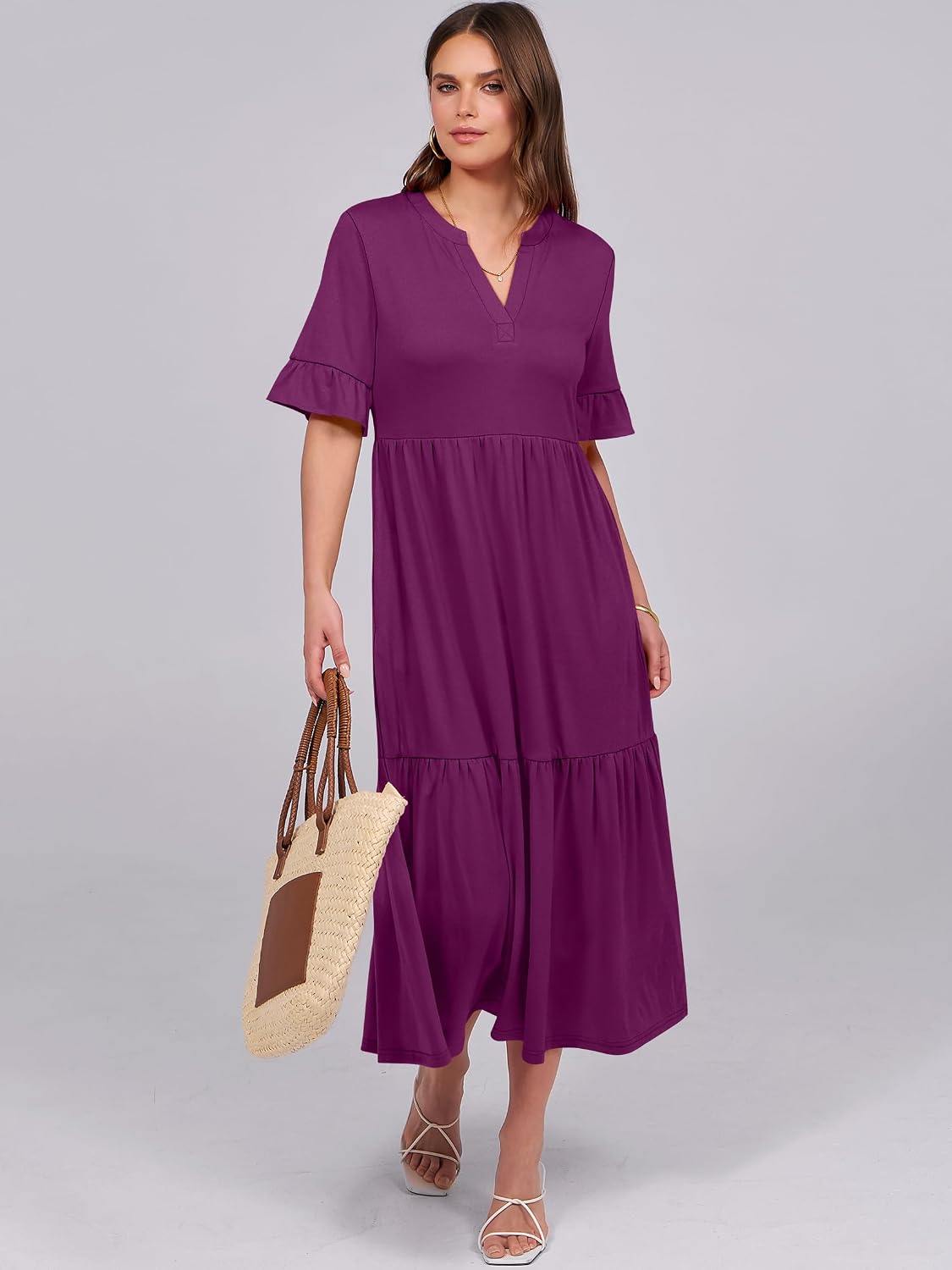 ANRABESS Women's Ruffle Short Sleeve Maxi Dress, V-Neck Tiered with Pockets, Beach, Vacation, Casual, Flowy Summer Dresses thumbnail