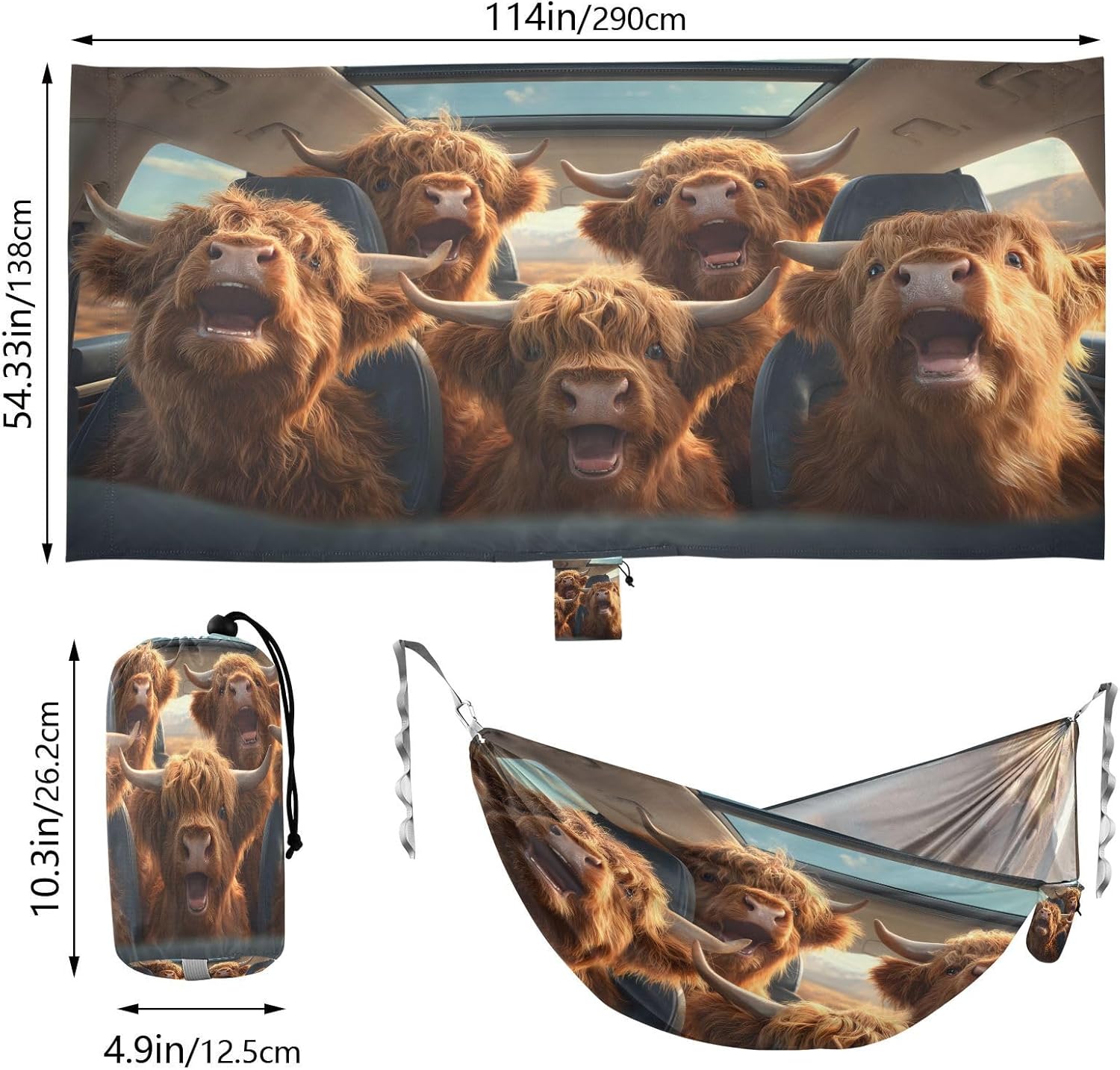 ALAZA Highland Cow Driving Funny Animals Camping Hammocks Single or 2 Person 500 lbs Portable Parachute Travel Hammock w/Tree Straps for Hiking Backpacking Indoor Outdoor