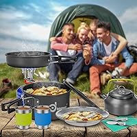 Vista 9 de Odoland 15pcs Camping Cookware Mess Kit, Non-Stick Lightweight Pot Pan Kettle Set with Stainless Steel Cups Plates Forks Knives Spoons for Camping